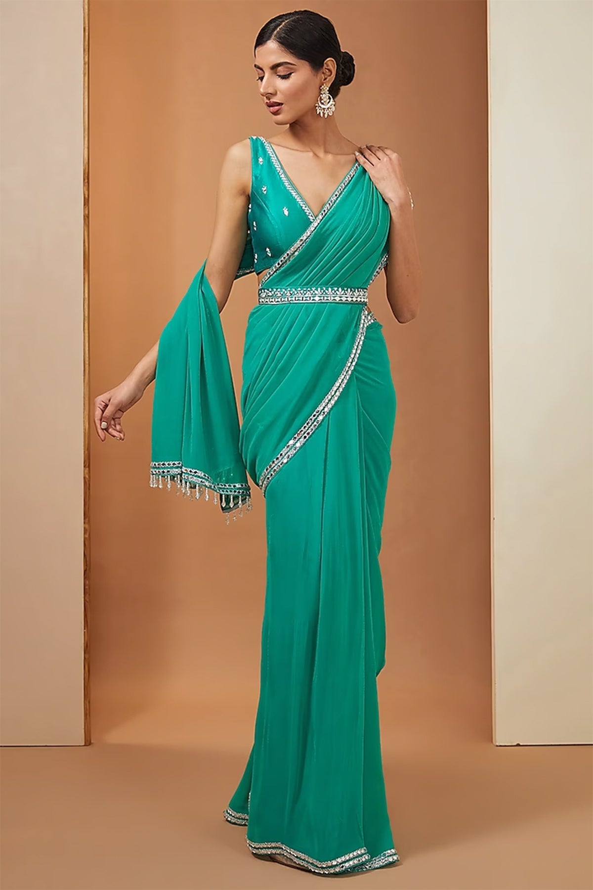 Teal georgette saree set