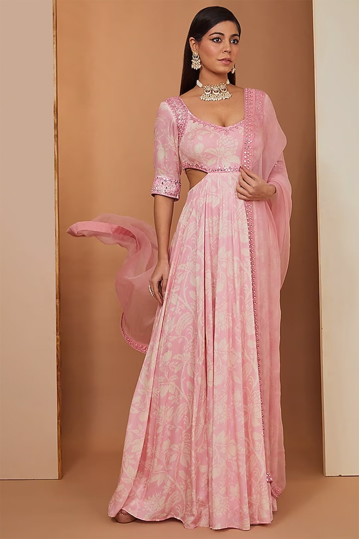 pink printed anarkali