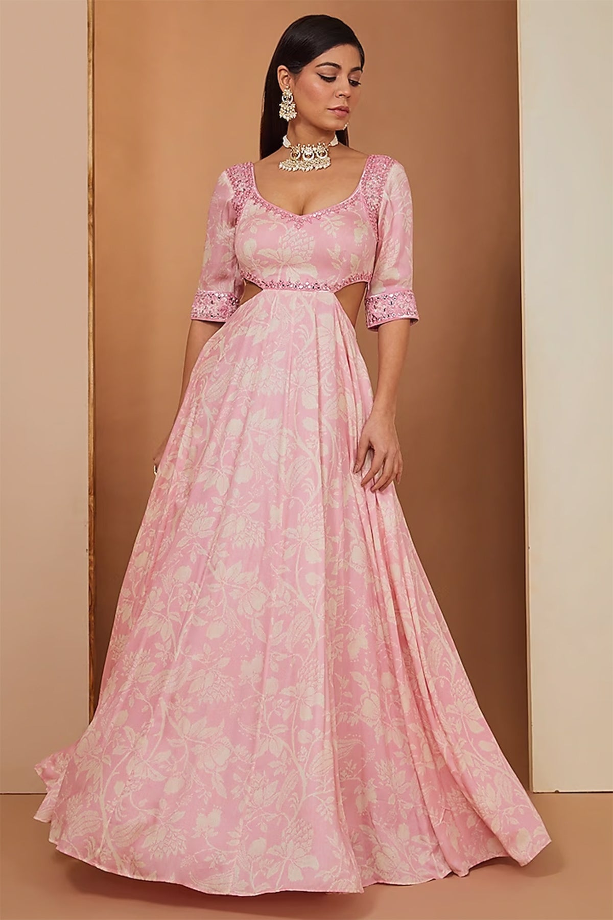 pink printed anarkali