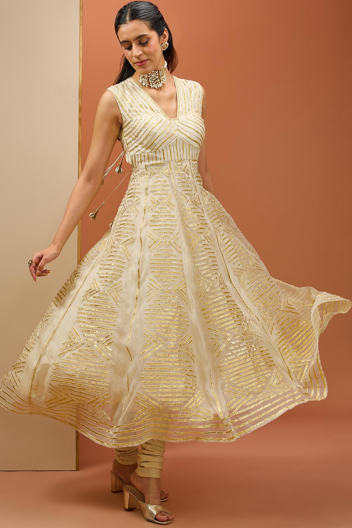 Offwhite Golden Lasses Anarkali set