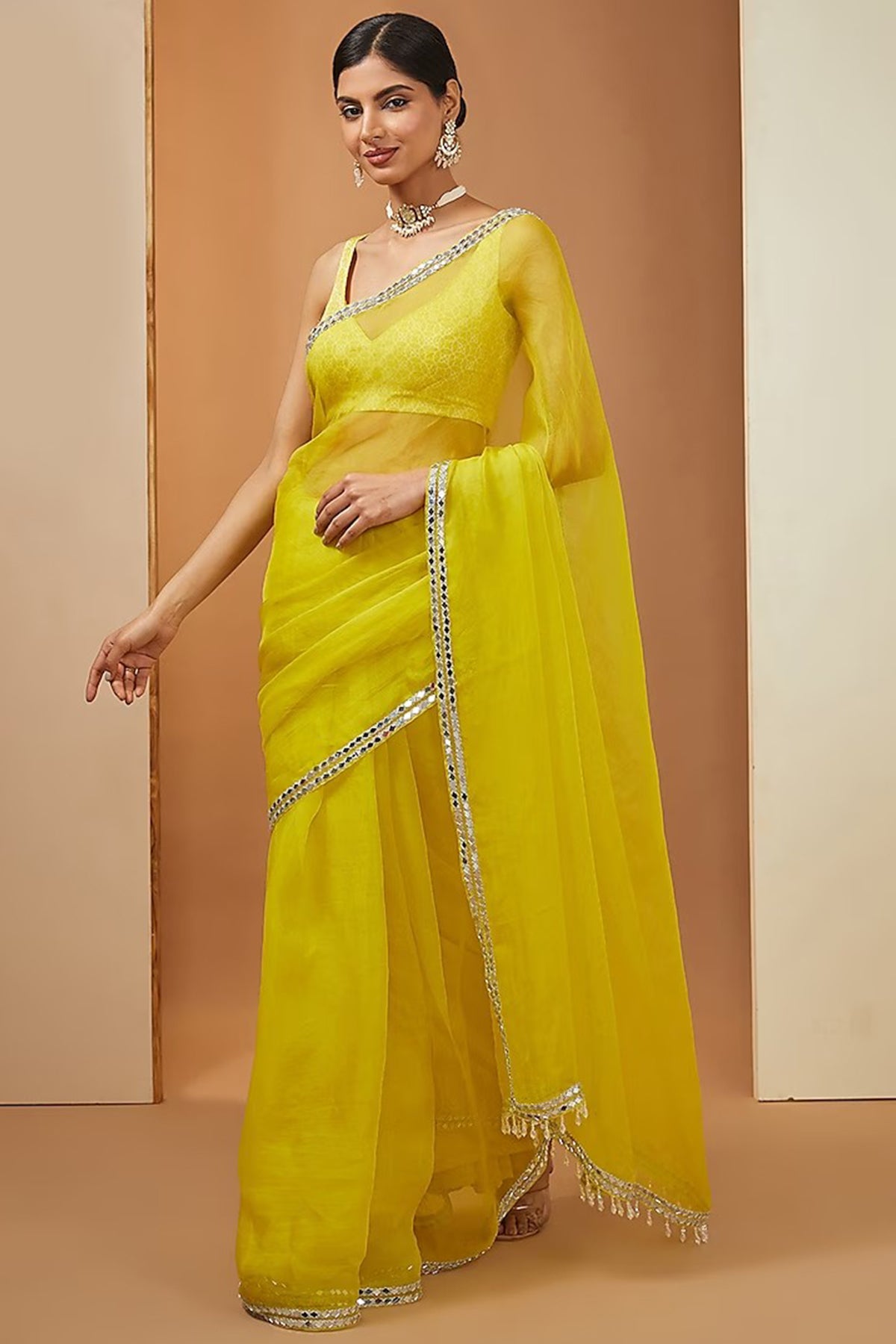 lemon yellow organza saree set