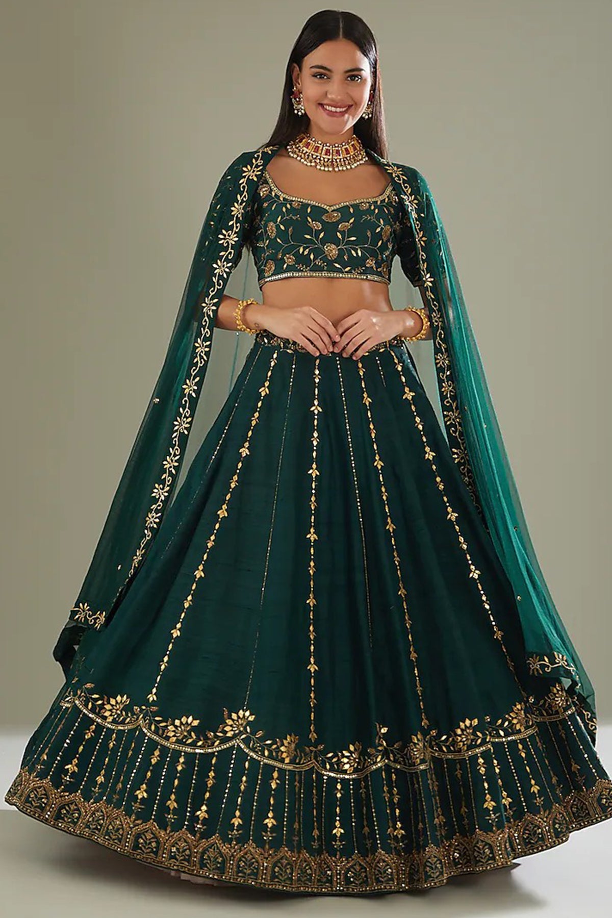 Green Raw Silk Lehenga