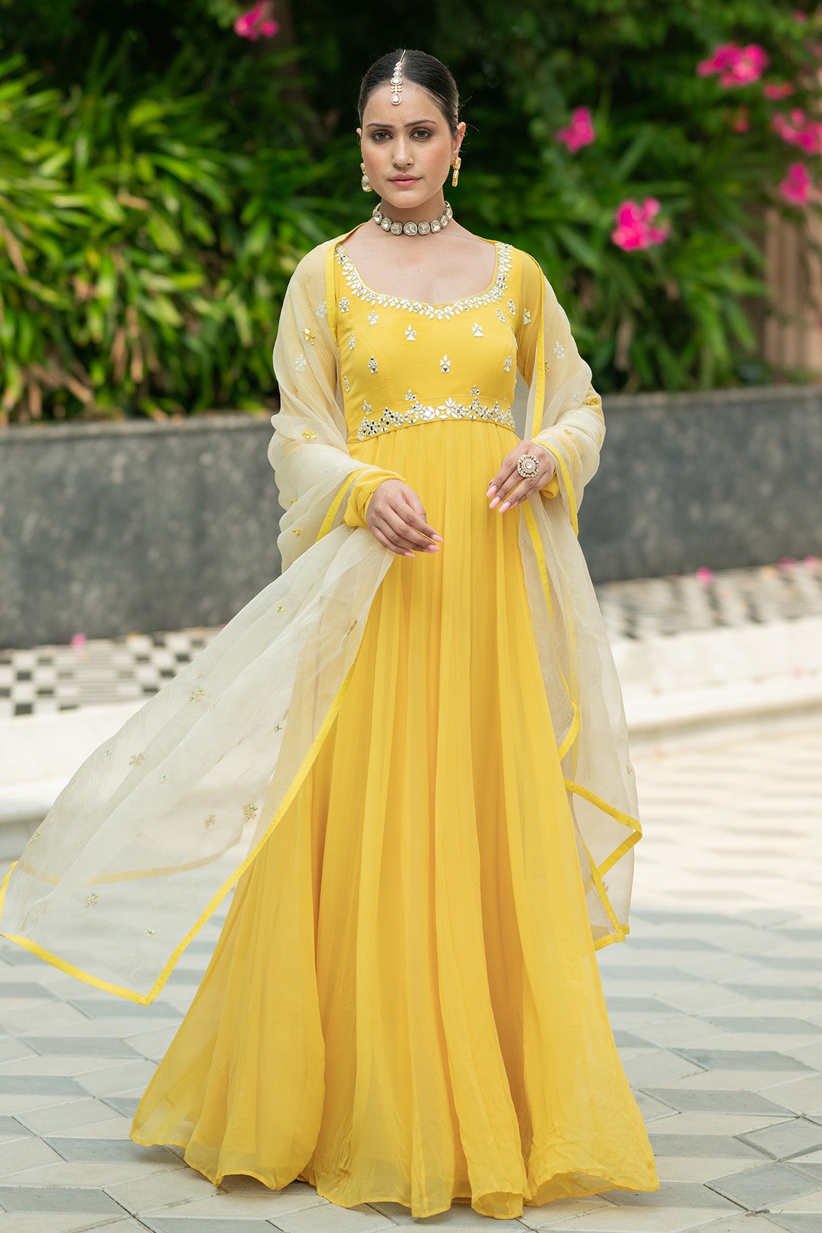 Yellow Chiffon Anarkali Set (Set Of 3)