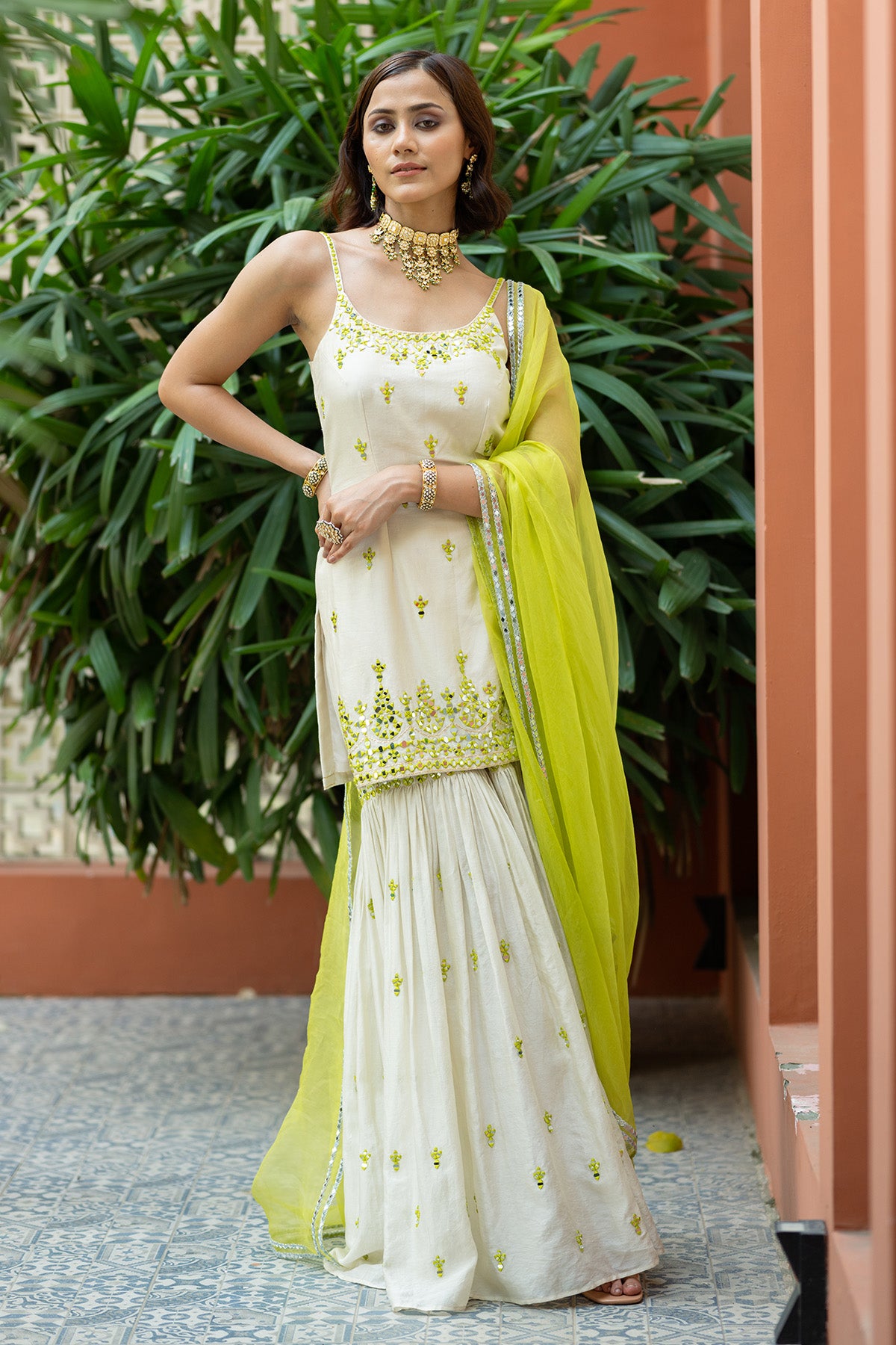 Off white Green Embroidered Sharara