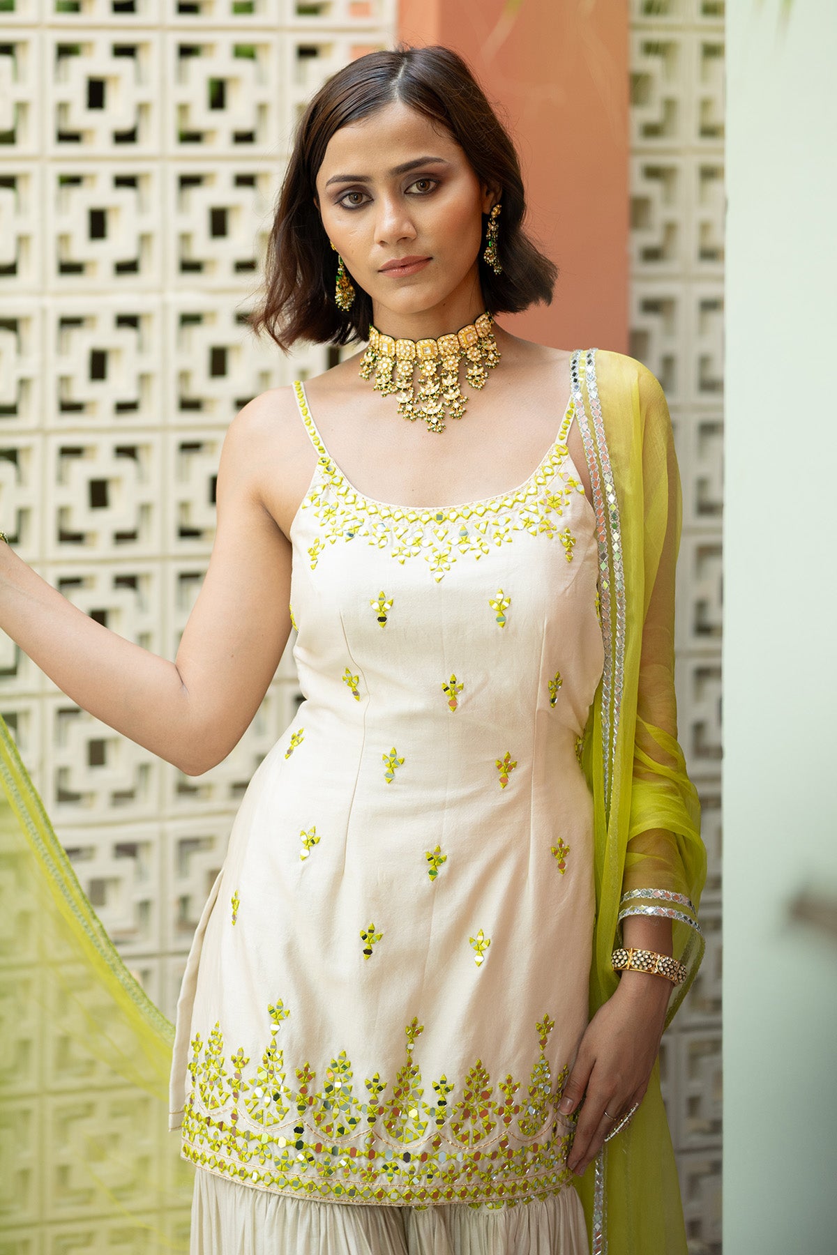 Off white Green Embroidered Sharara