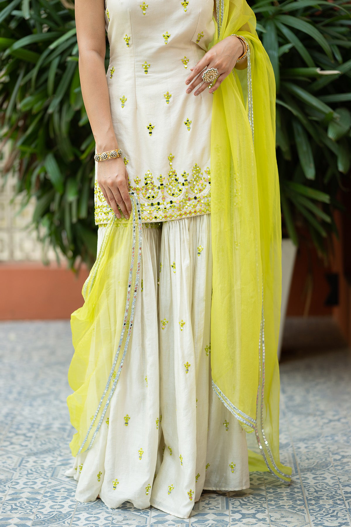 Off white Green Embroidered Sharara