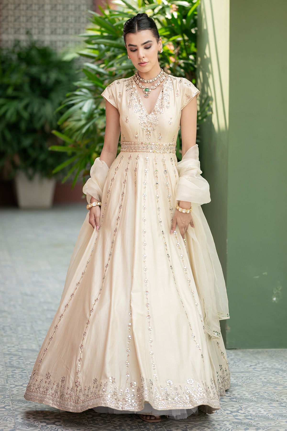 Off white Mirror anarkali Set