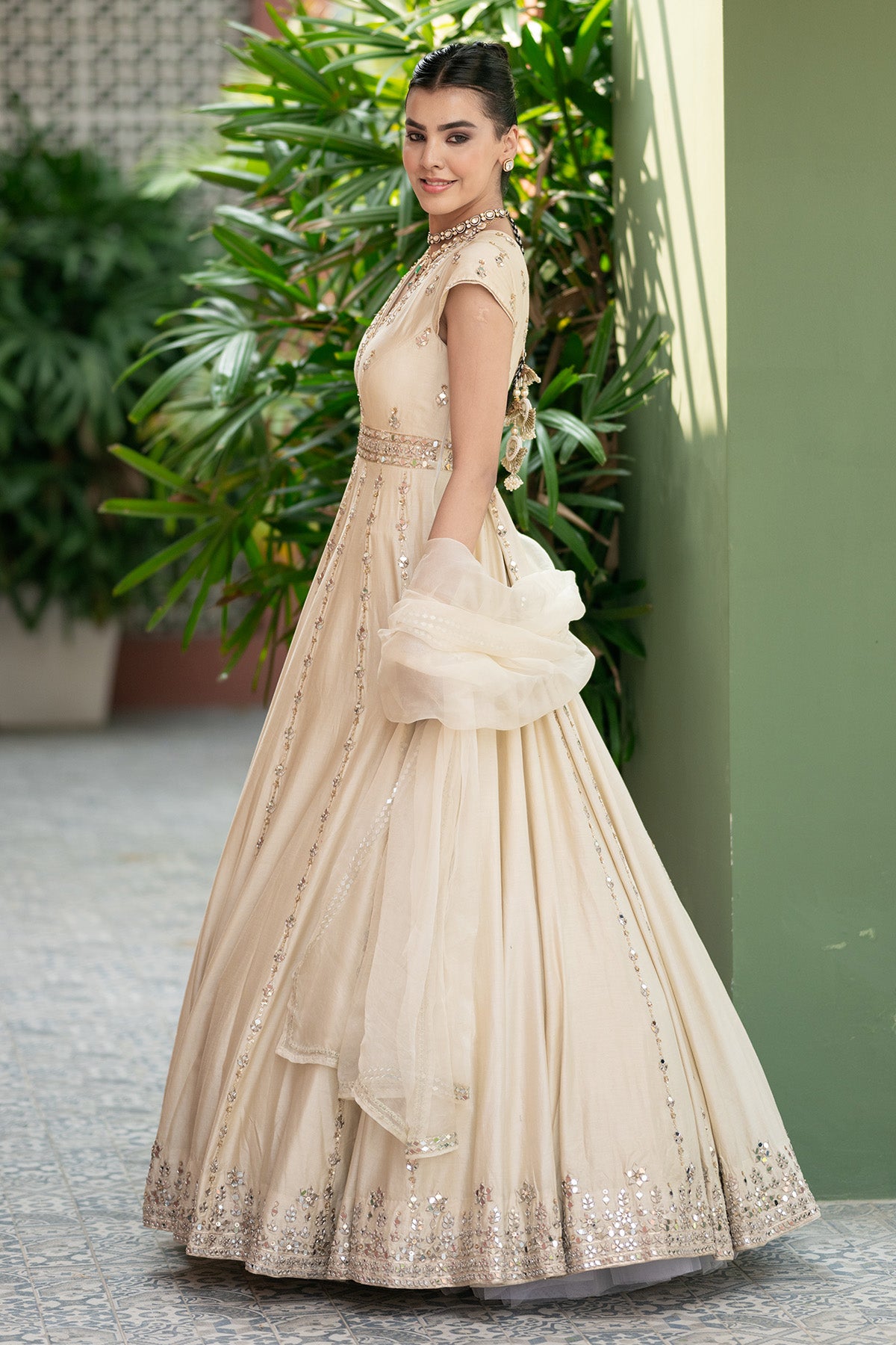 Off white Mirror anarkali Set