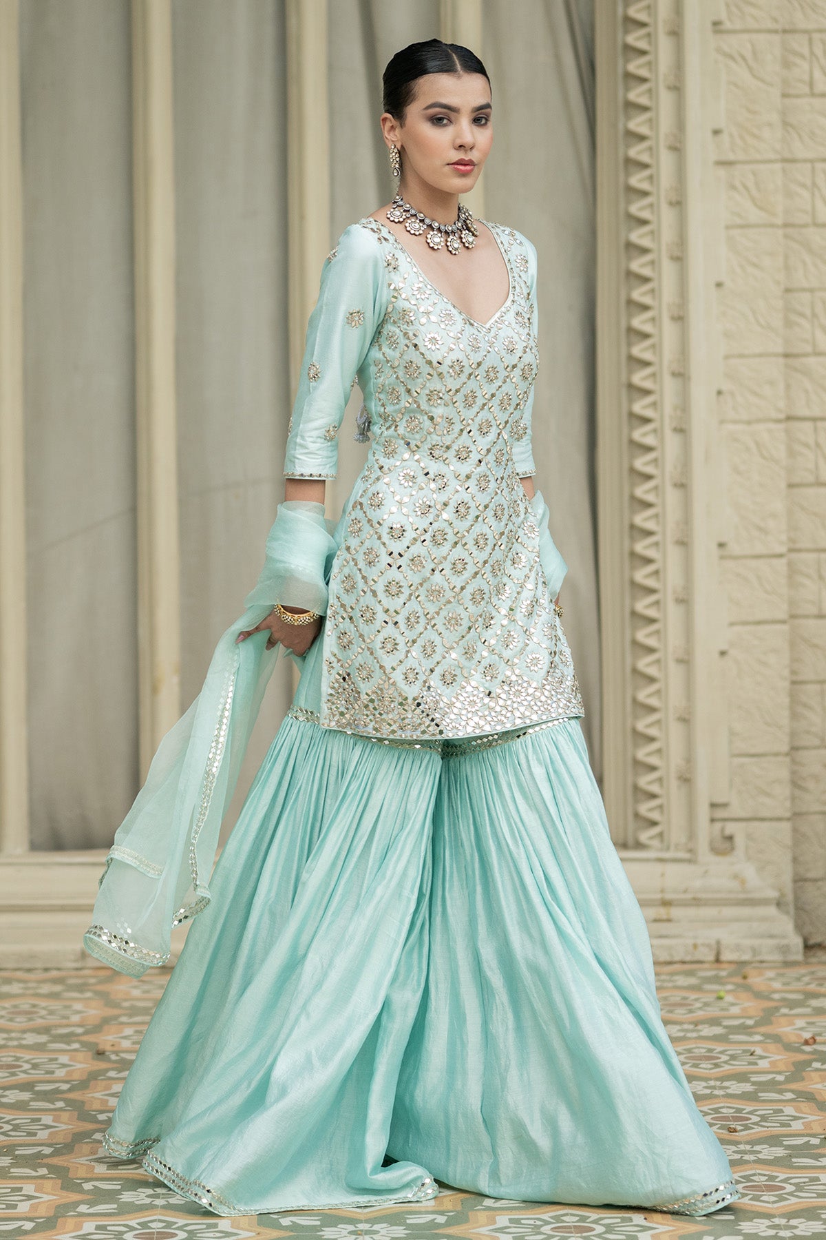 blue sharara dress Tisha- Turquoise Blue Embellished Karandi Sharara Suit for Festive Events