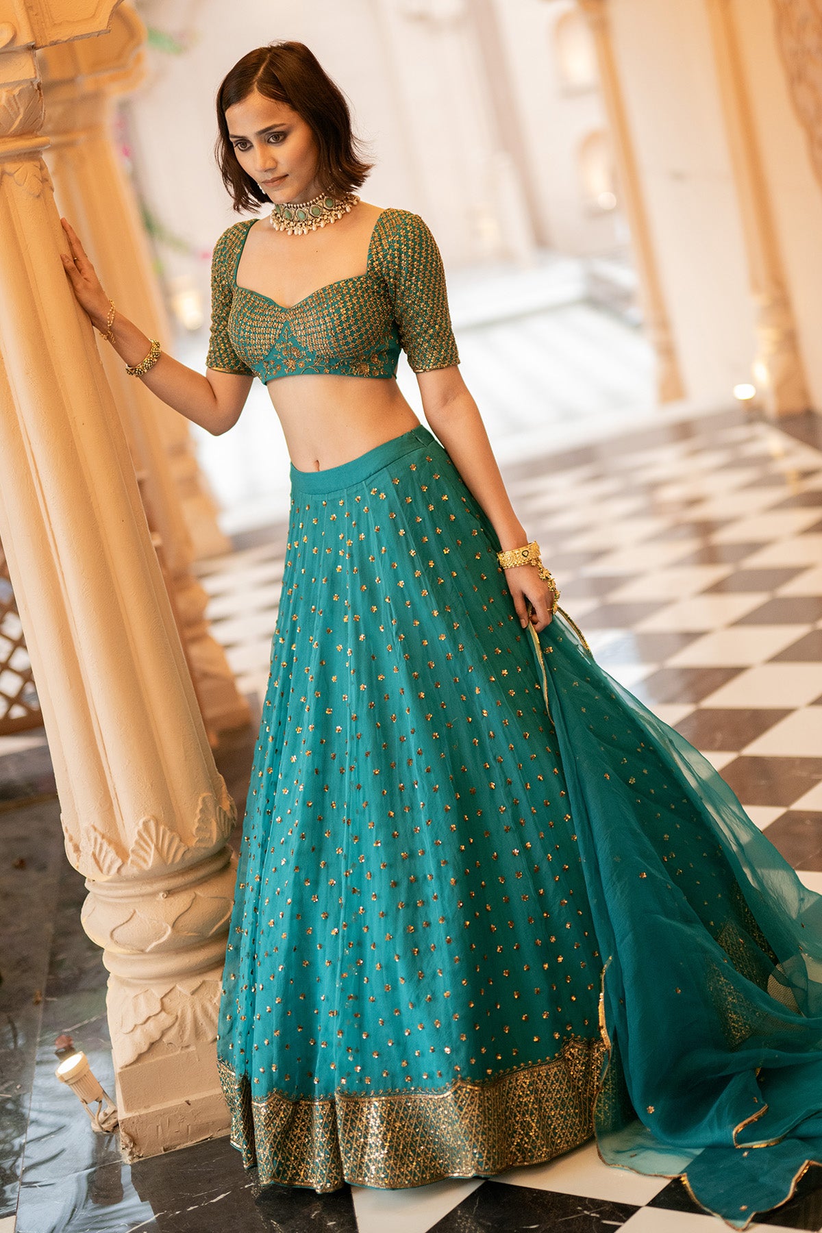 Teal green lehenga set