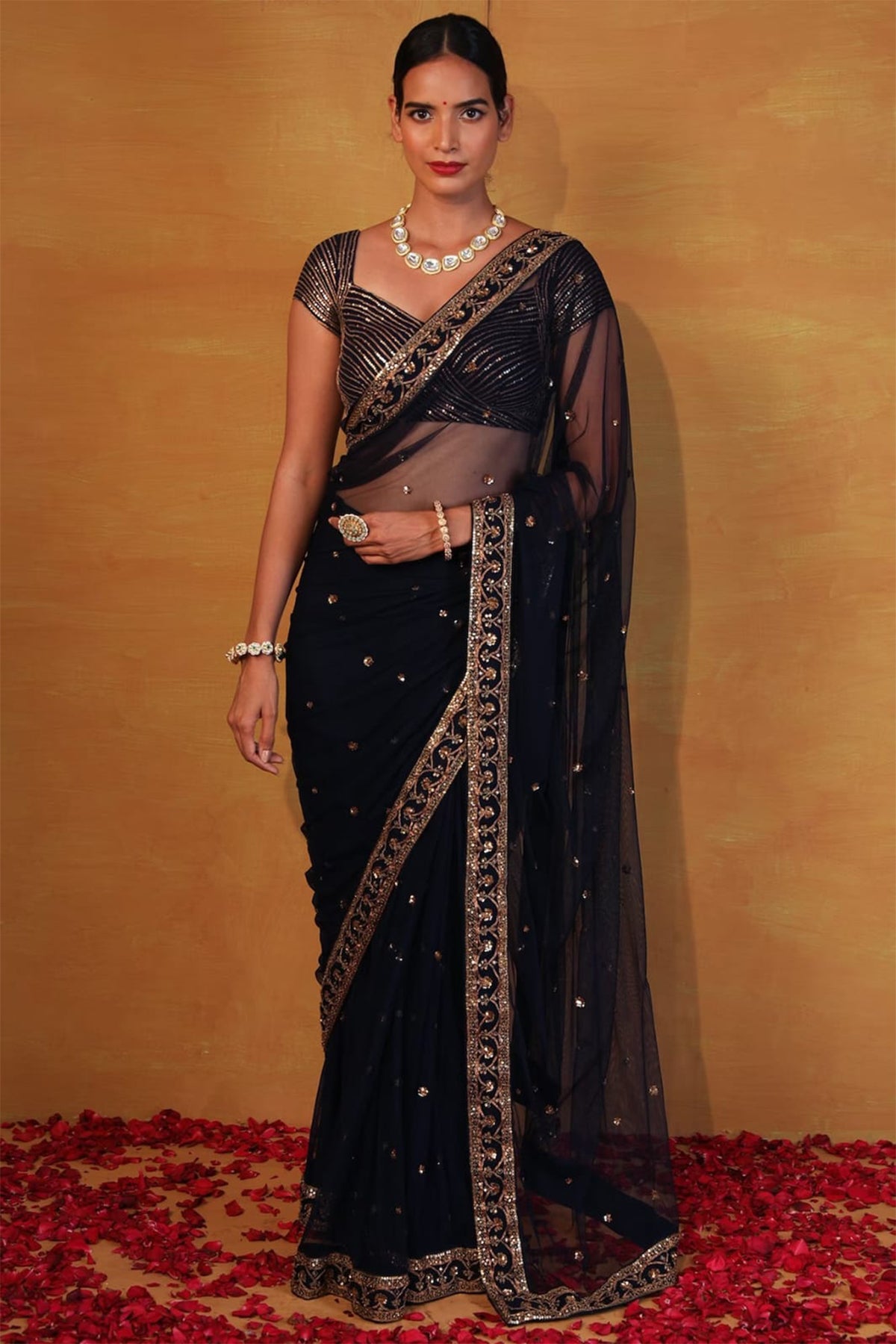 Navy blue net saree set