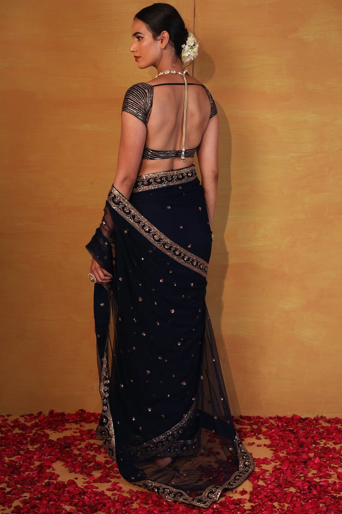 Navy blue net saree set