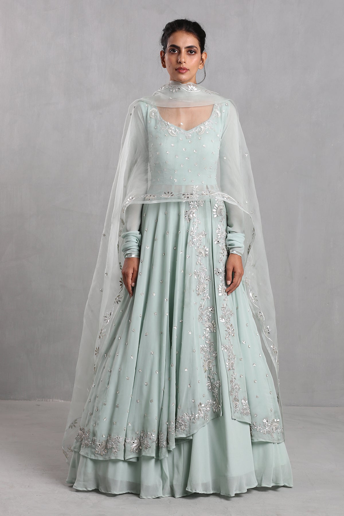 Ice Blue Embellished Anarkali Skirt Set