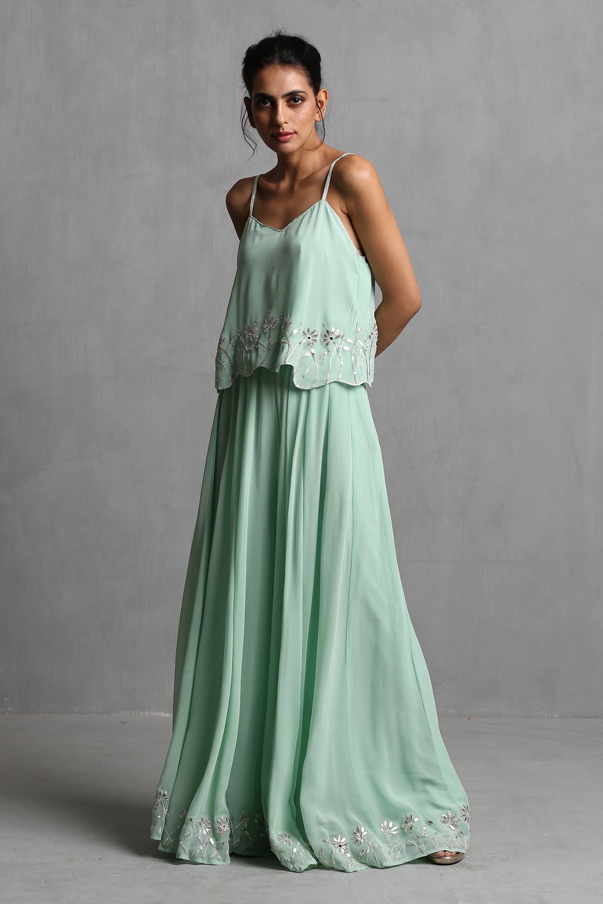 Mint green Spaghetti Crop Top & plazzo Set