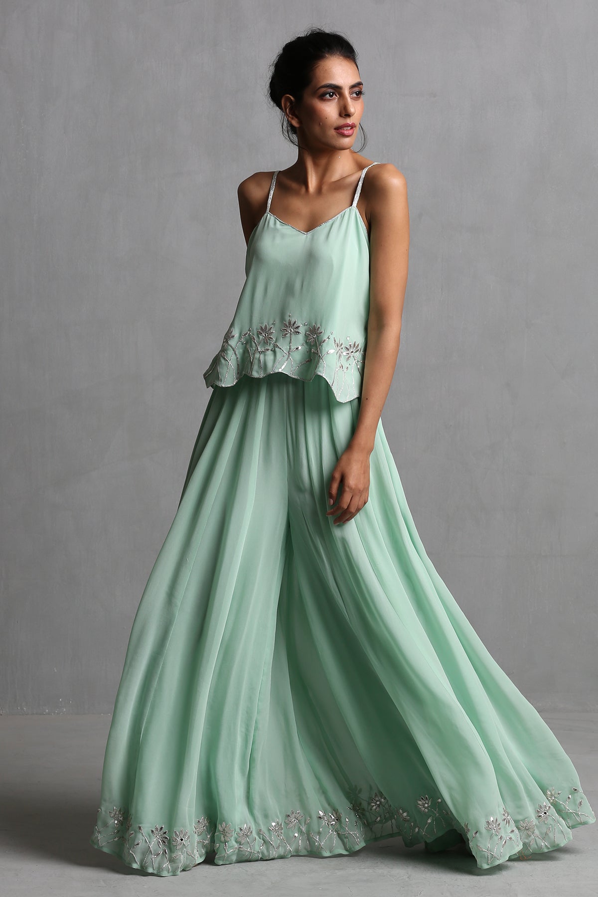 Mint green Spaghetti Crop Top & plazzo Set