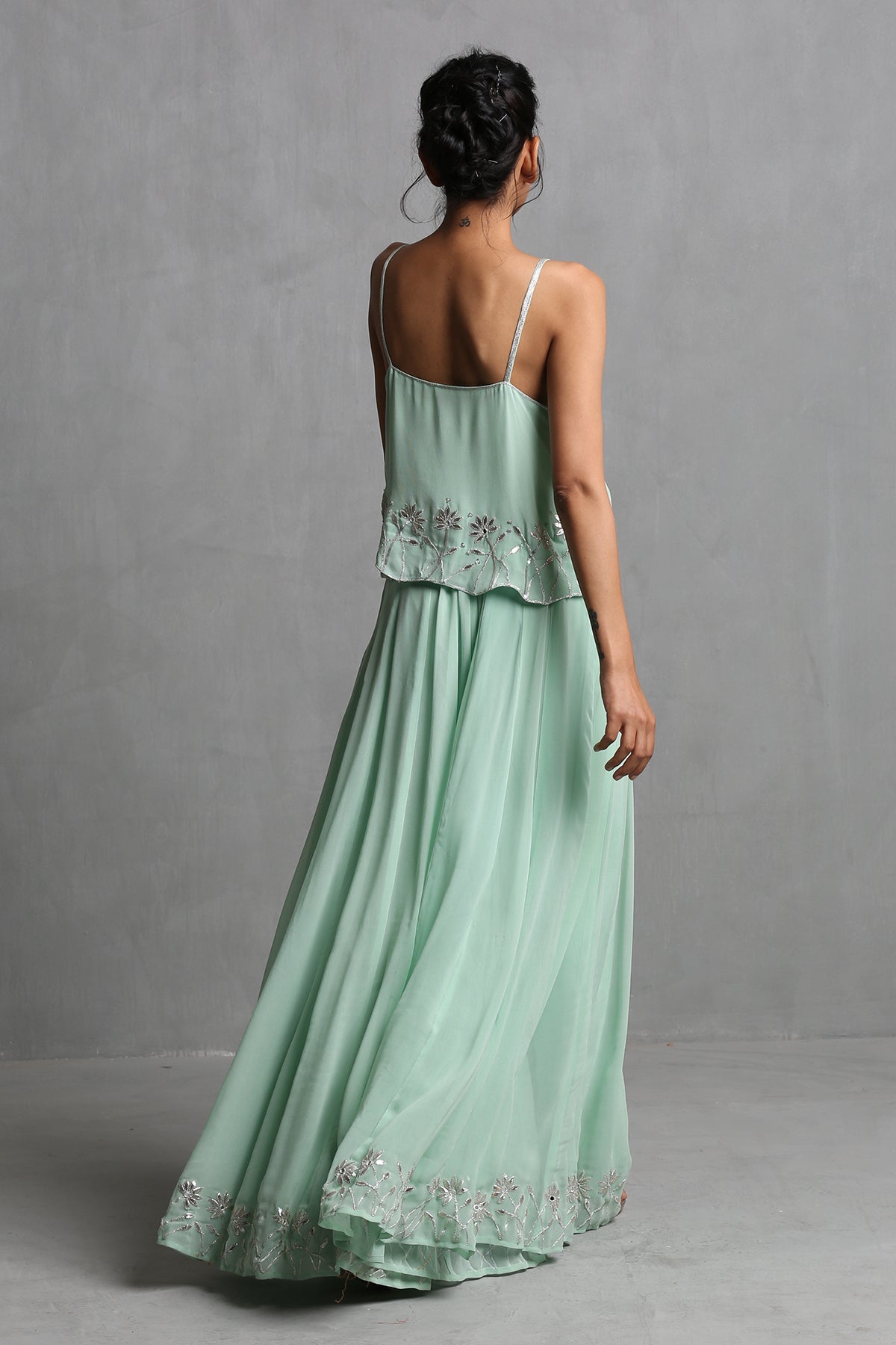 Mint green Spaghetti Crop Top & plazzo Set