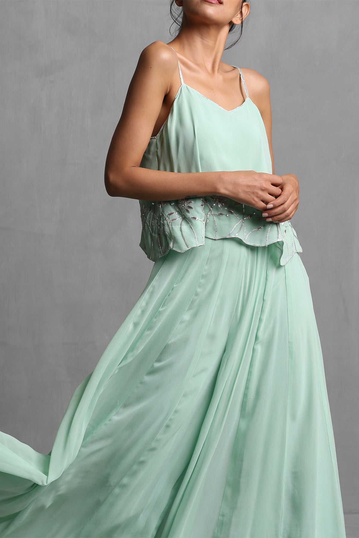 Mint green Spaghetti Crop Top & plazzo Set