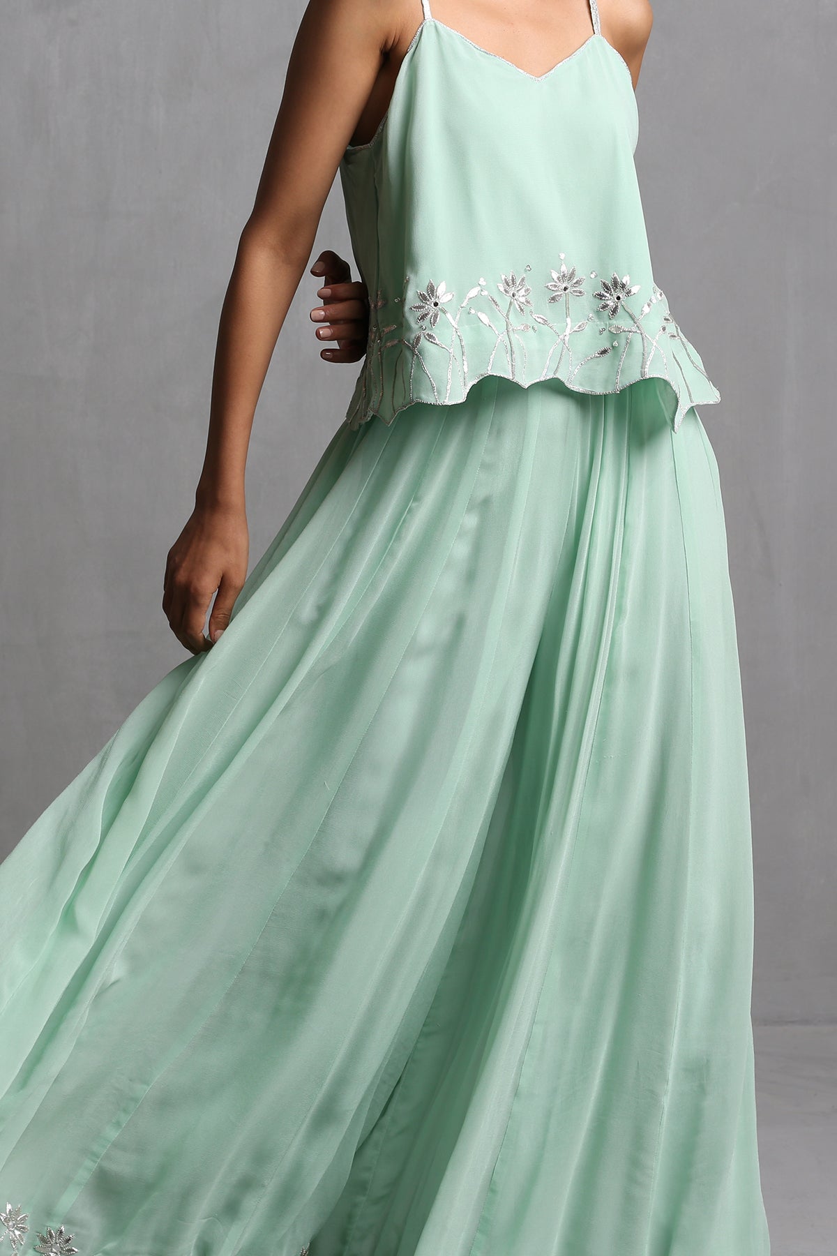 Mint green Spaghetti Crop Top & plazzo Set