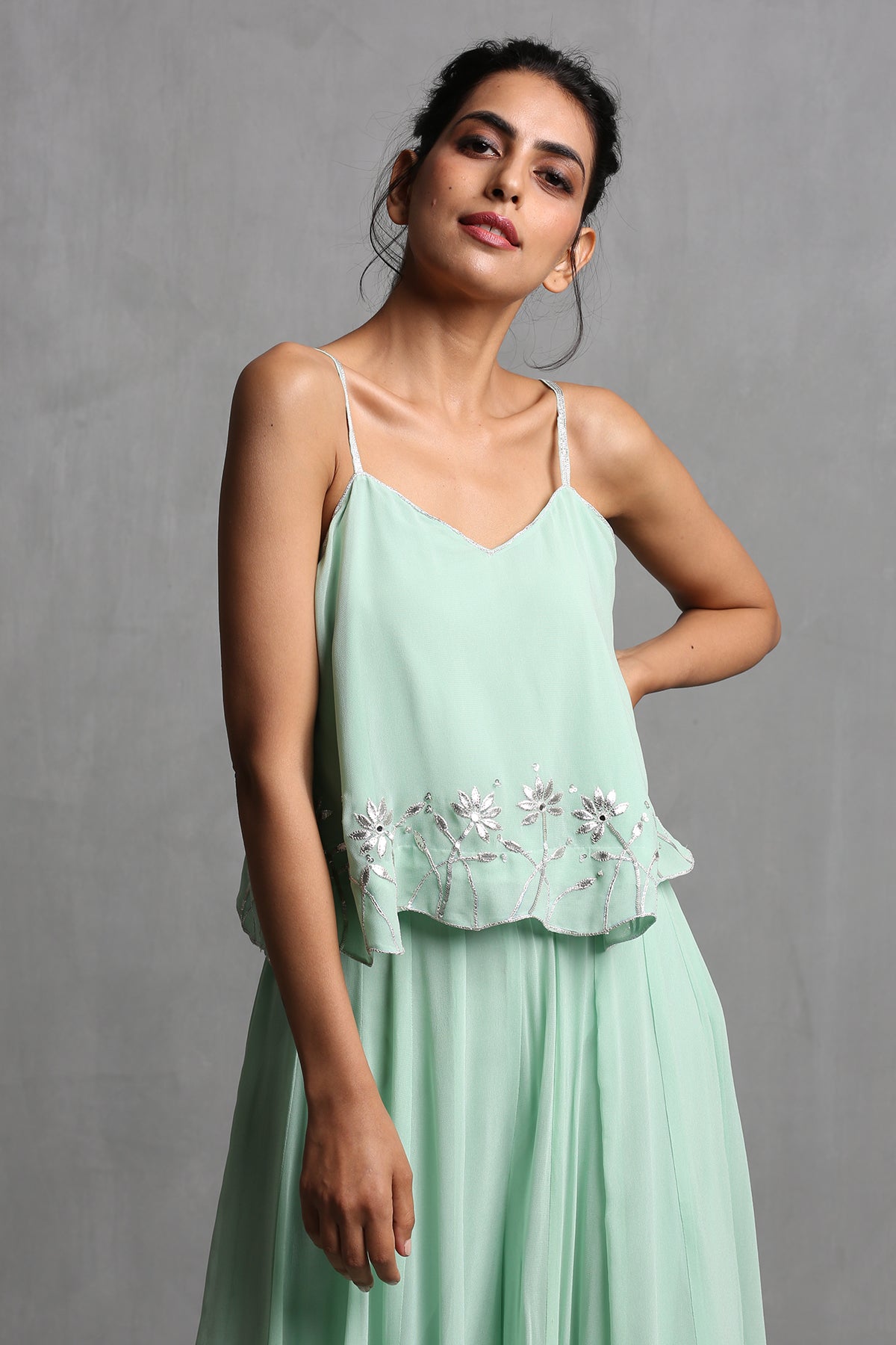 Mint green Spaghetti Crop Top & plazzo Set
