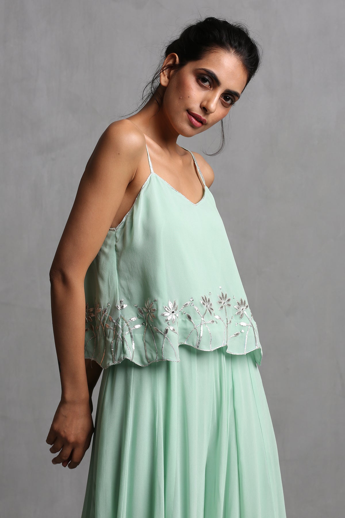 Mint green Spaghetti Crop Top & plazzo Set