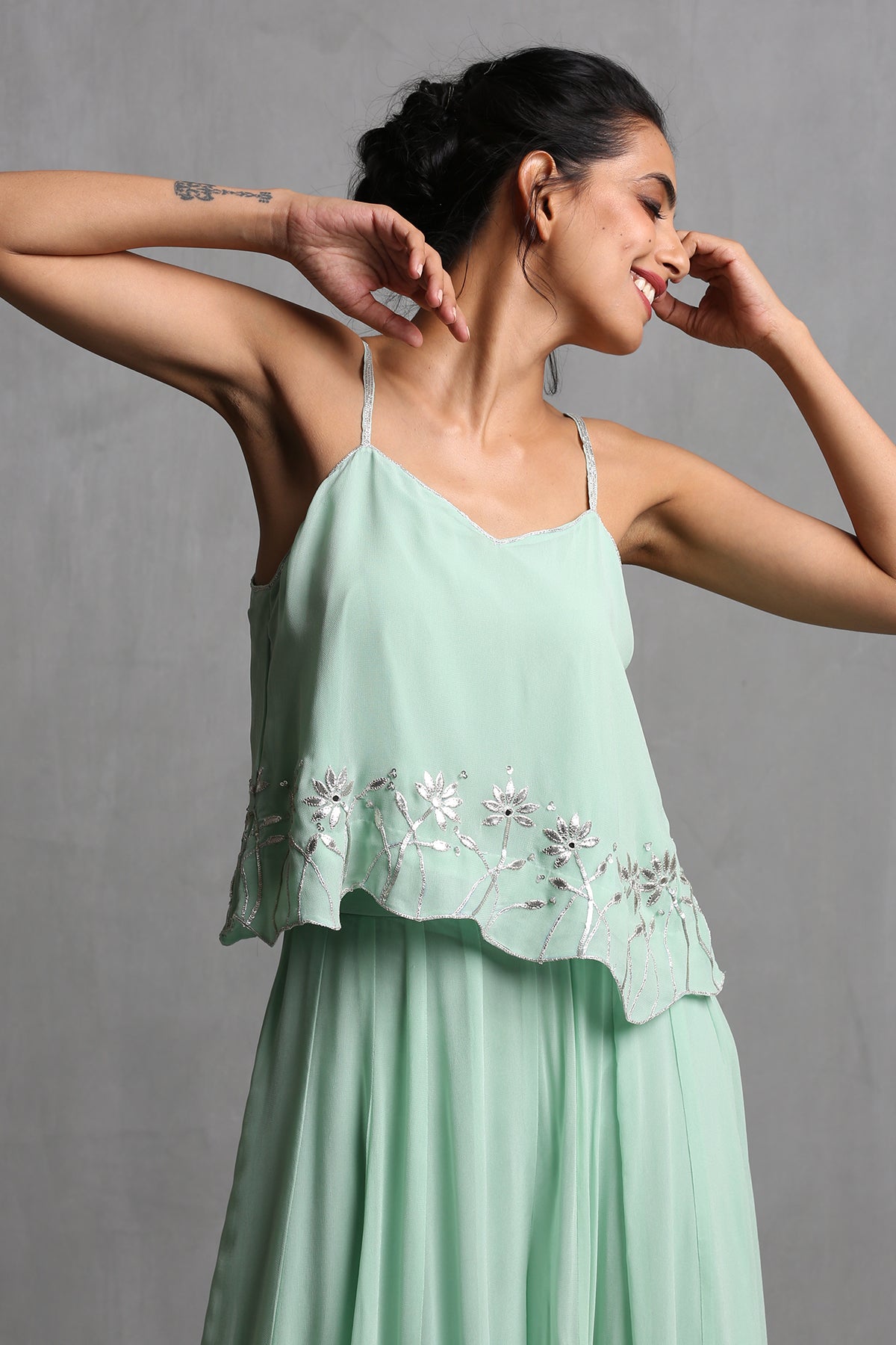 Mint green Spaghetti Crop Top & plazzo Set