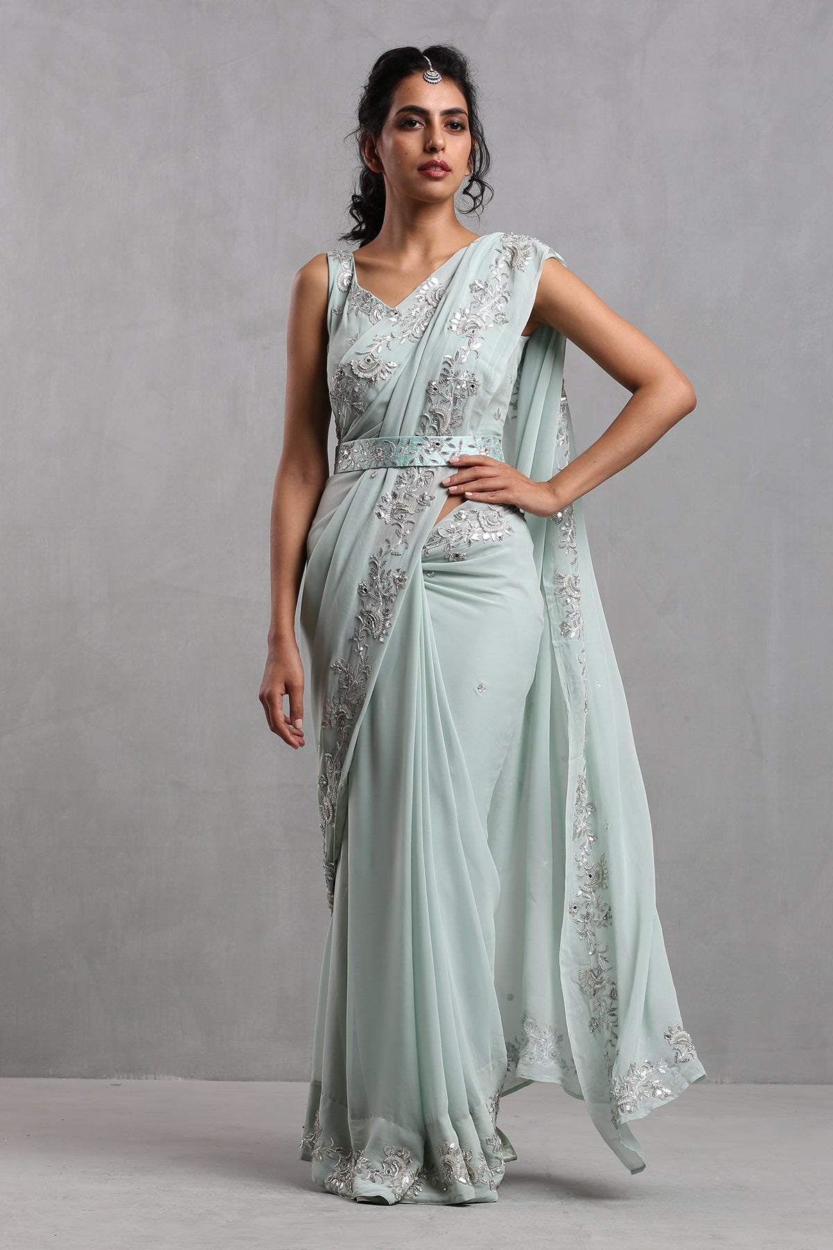 Ice Blue Gota Work Organza Draped Saree