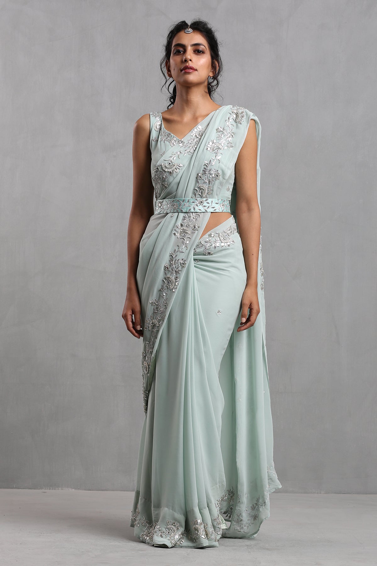 Ice Blue Gota Work Organza Draped Saree