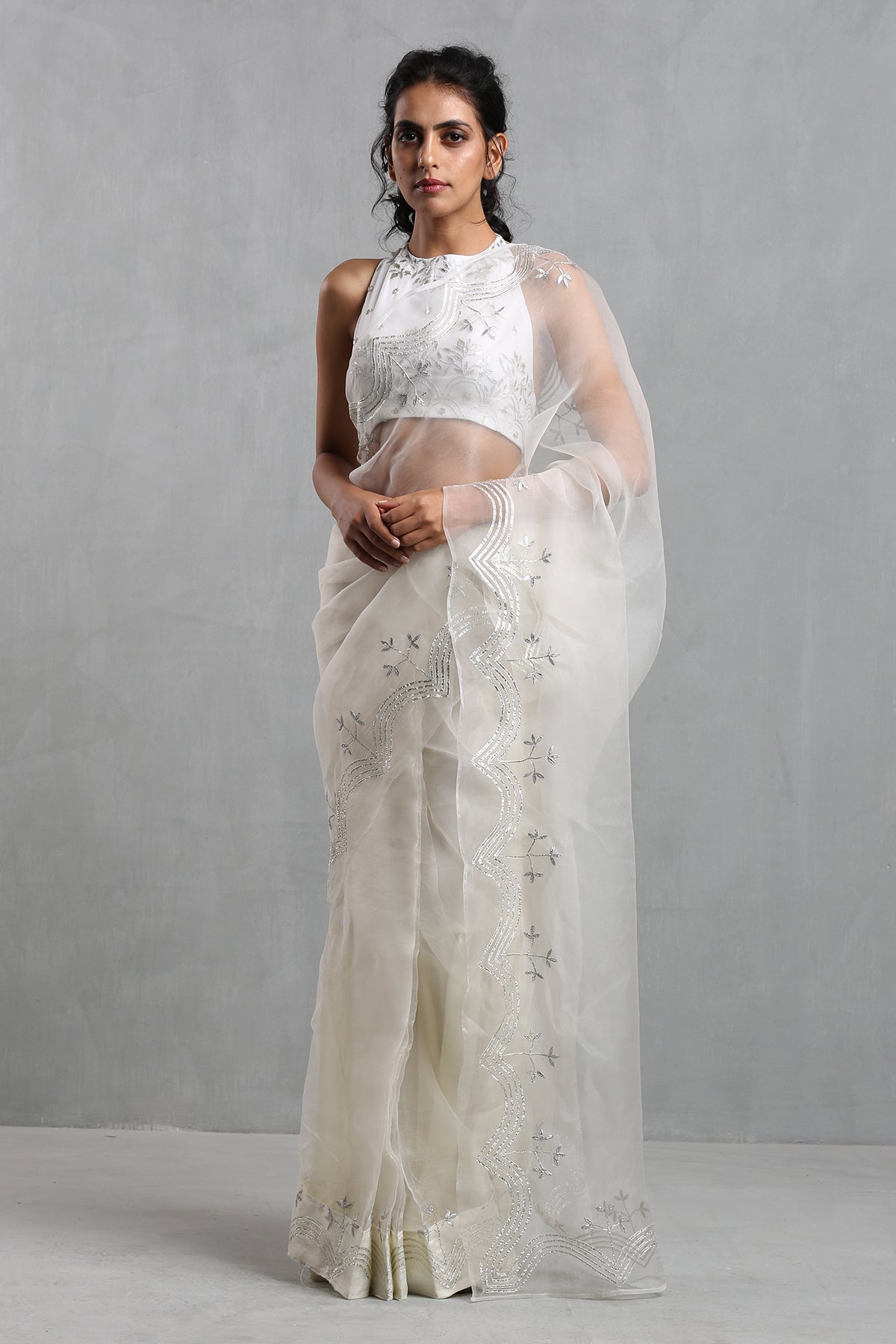 Ivory Gota Work Organza Draped Saree