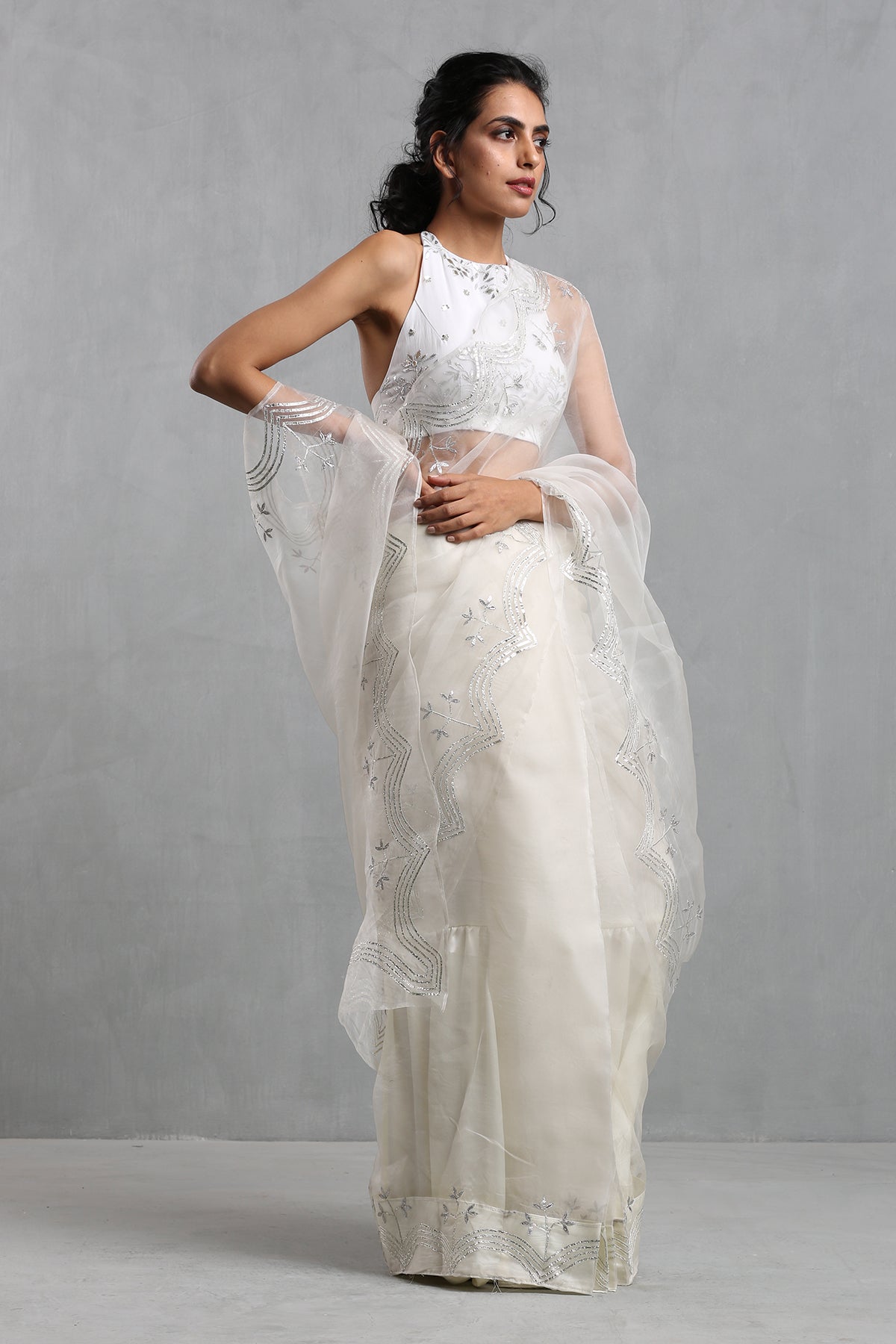 Ivory Gota Work Organza Draped Saree