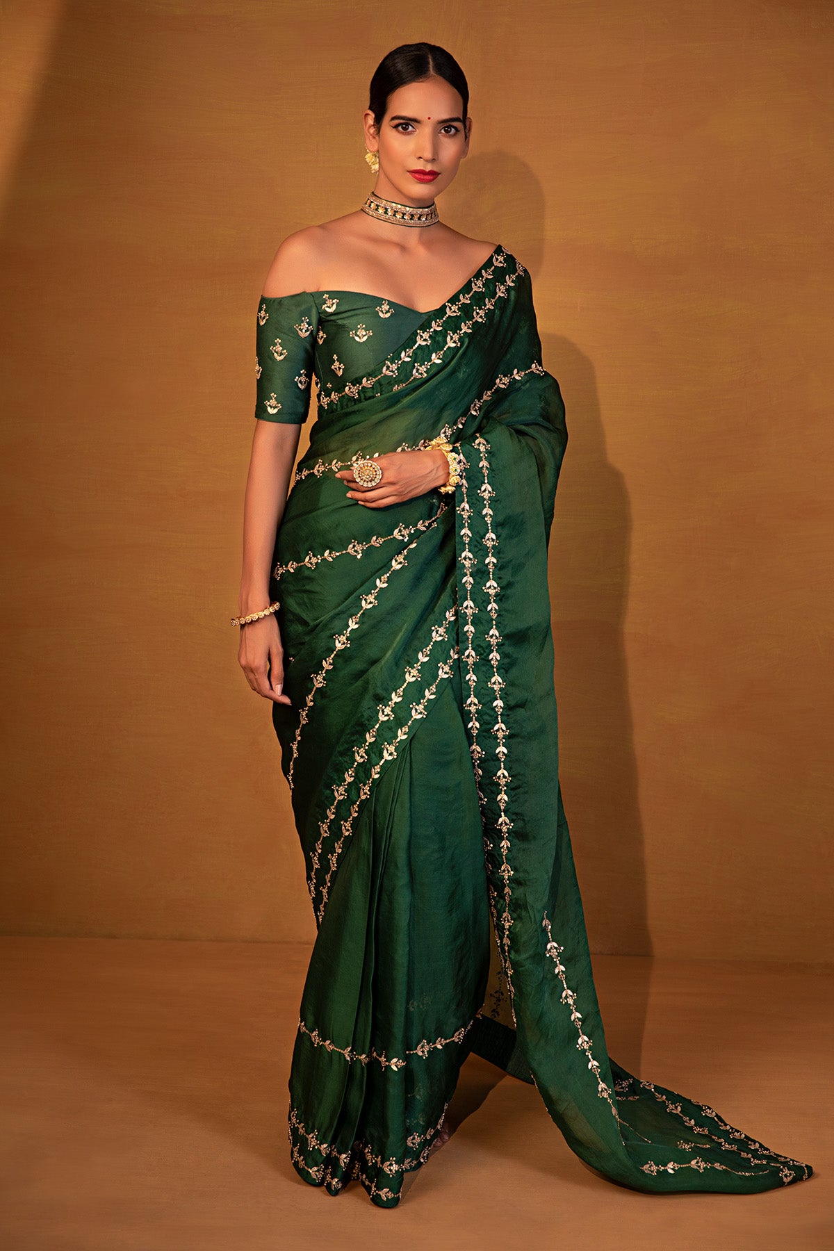 Bottle Green Saree Set