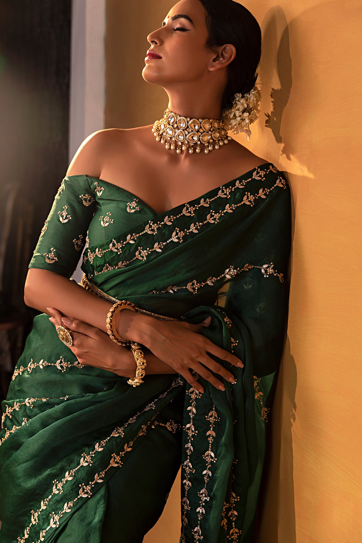 Dark green organza saree