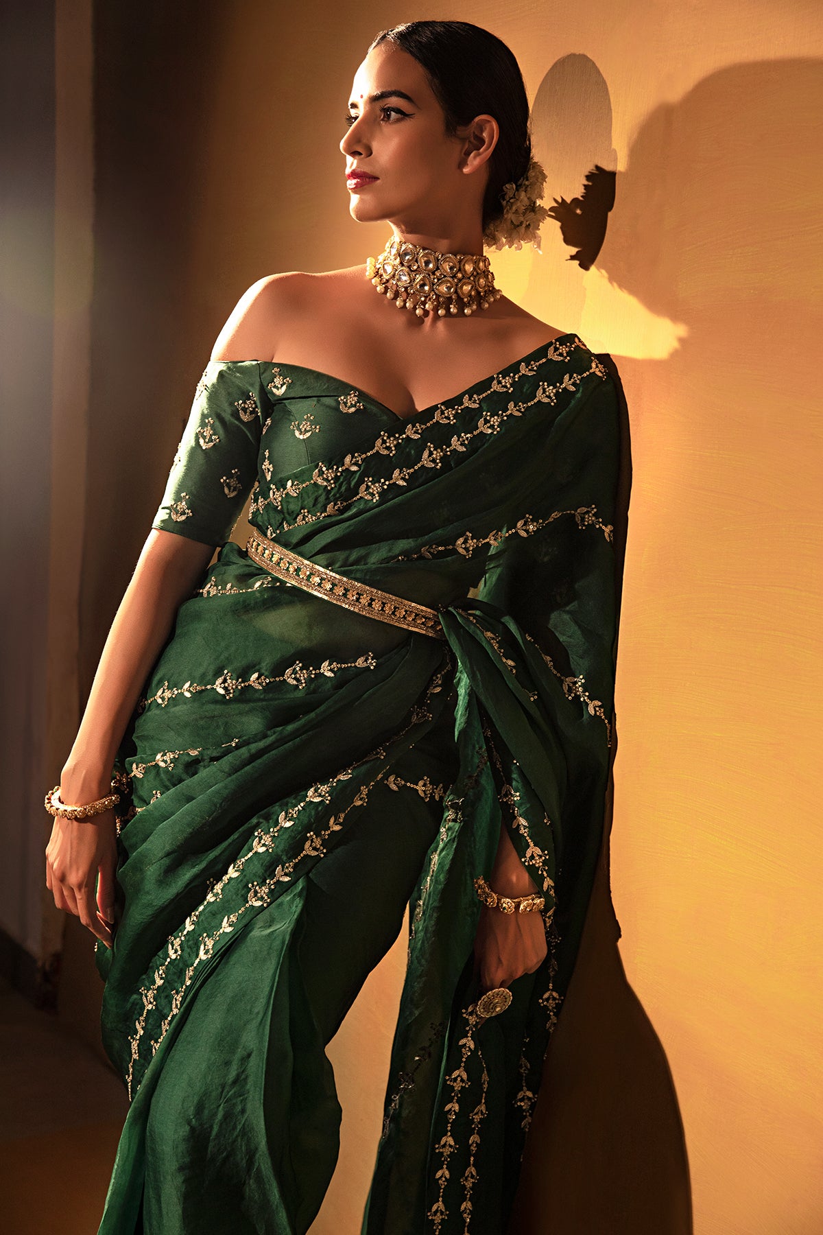 Dark green organza saree