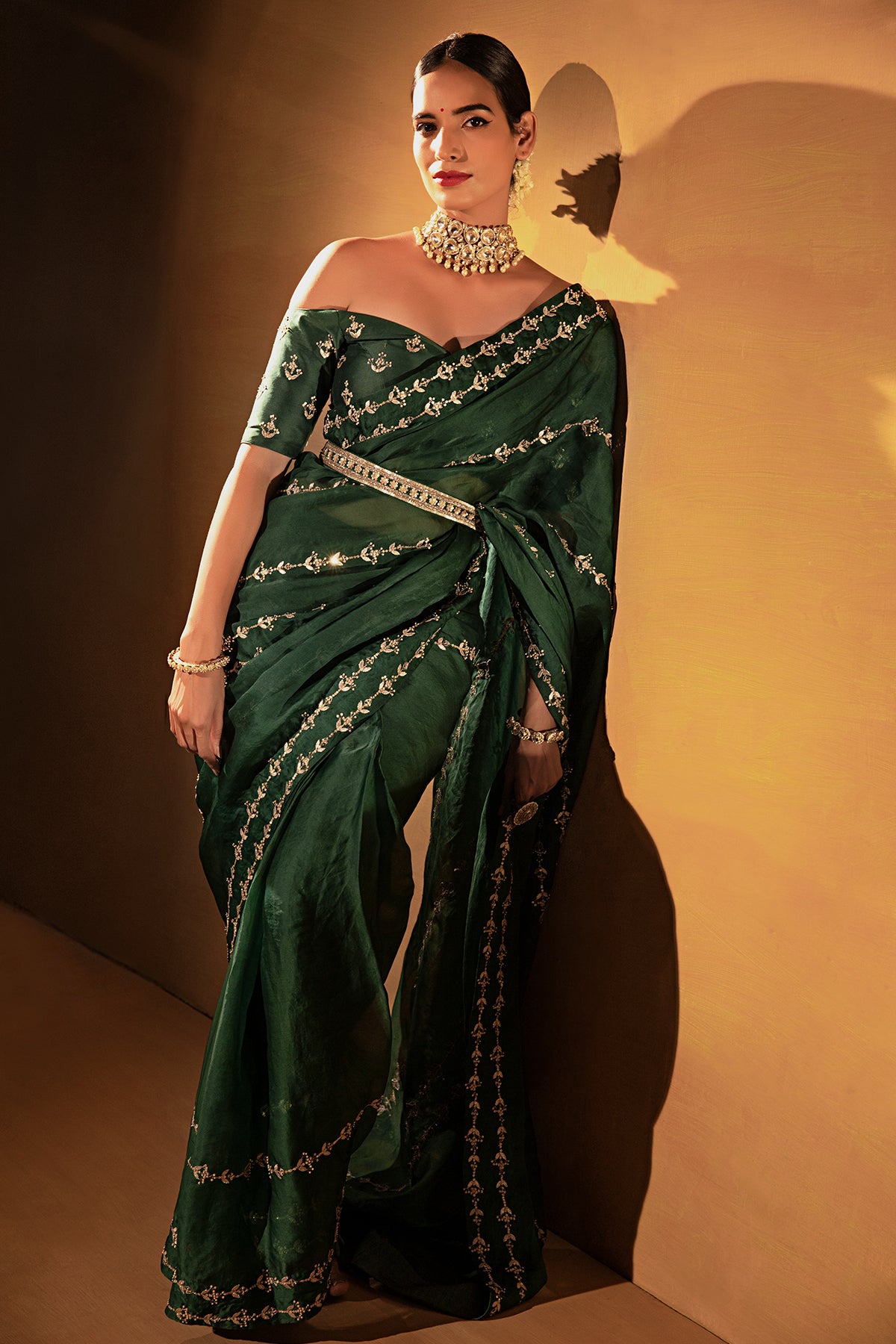 Dark green organza saree