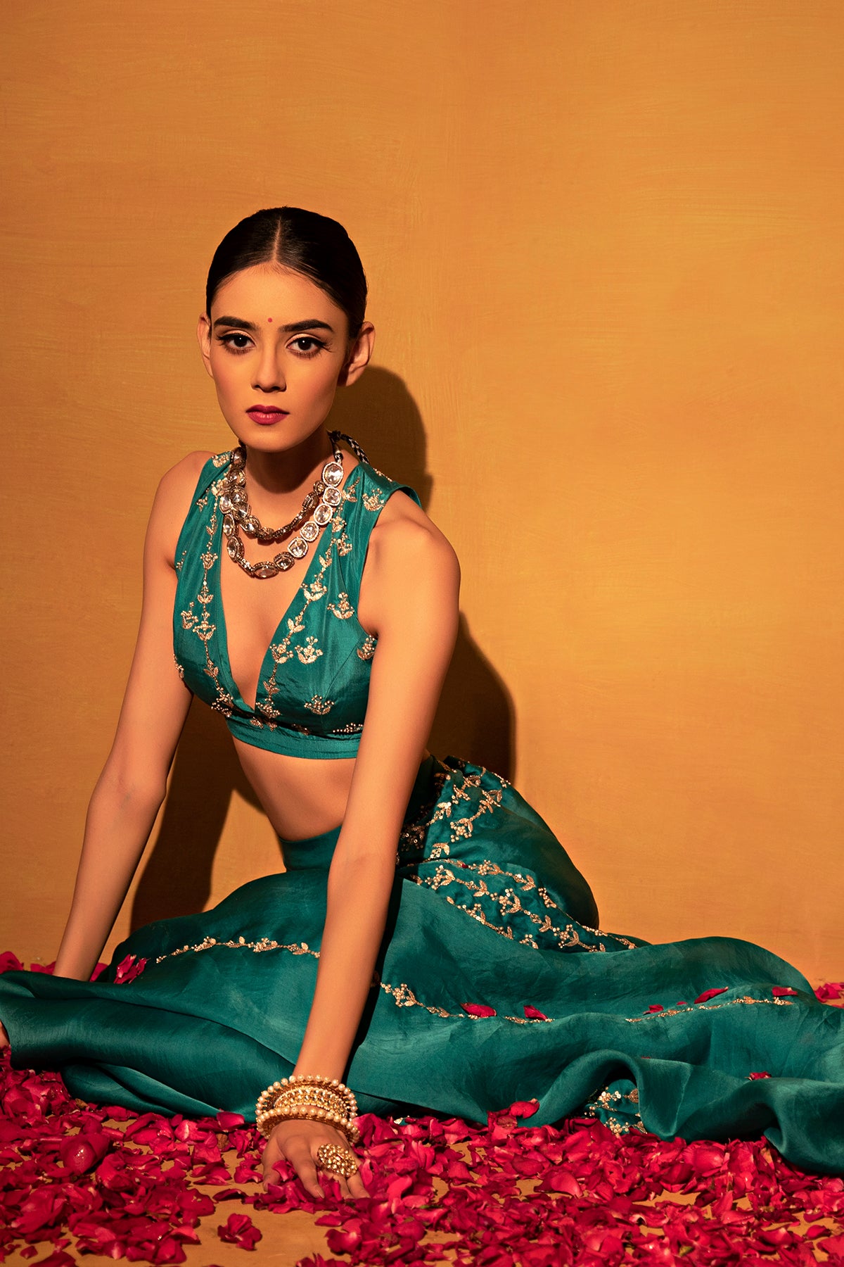 Teal green organza saree