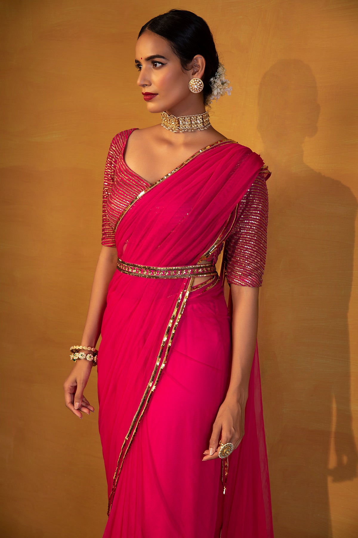 Hot Pink net saree with belt