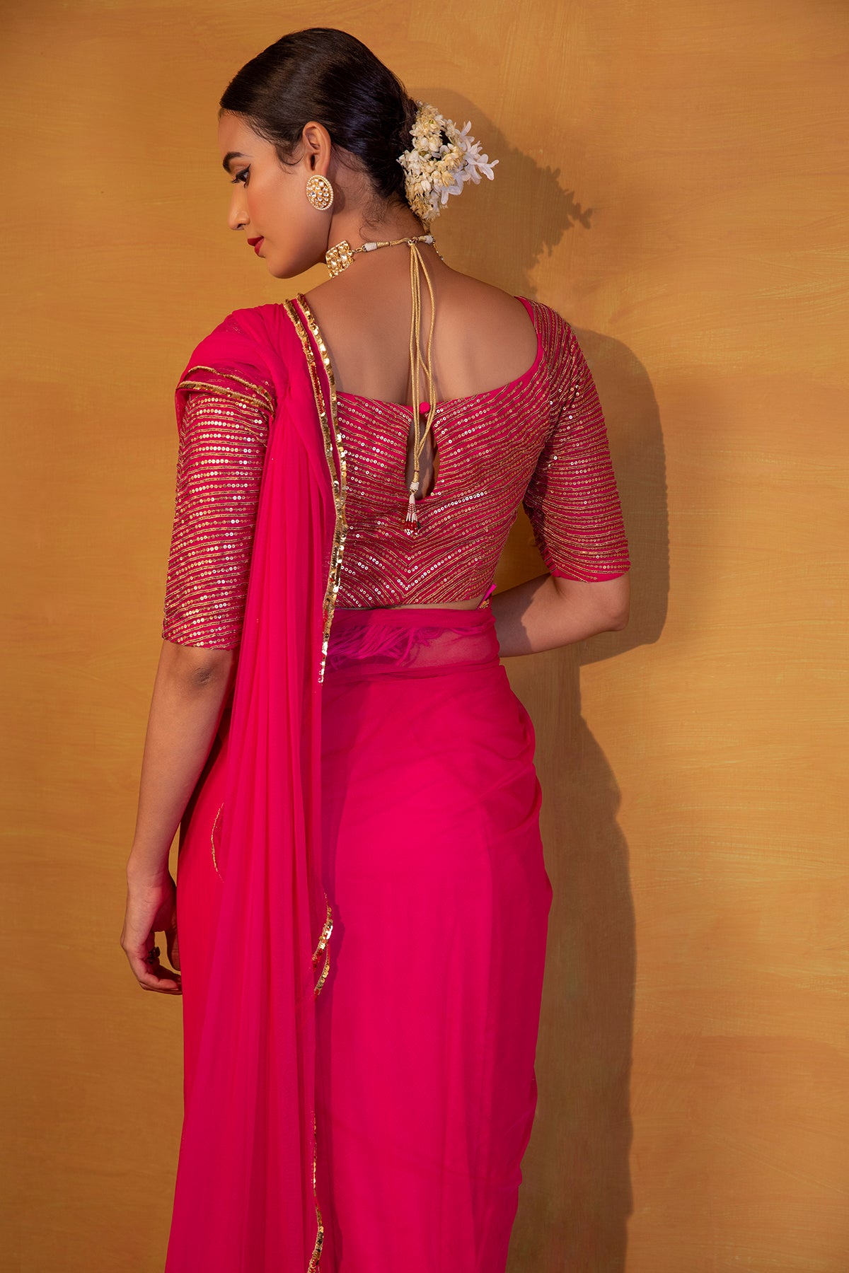 Hot Pink net saree with belt