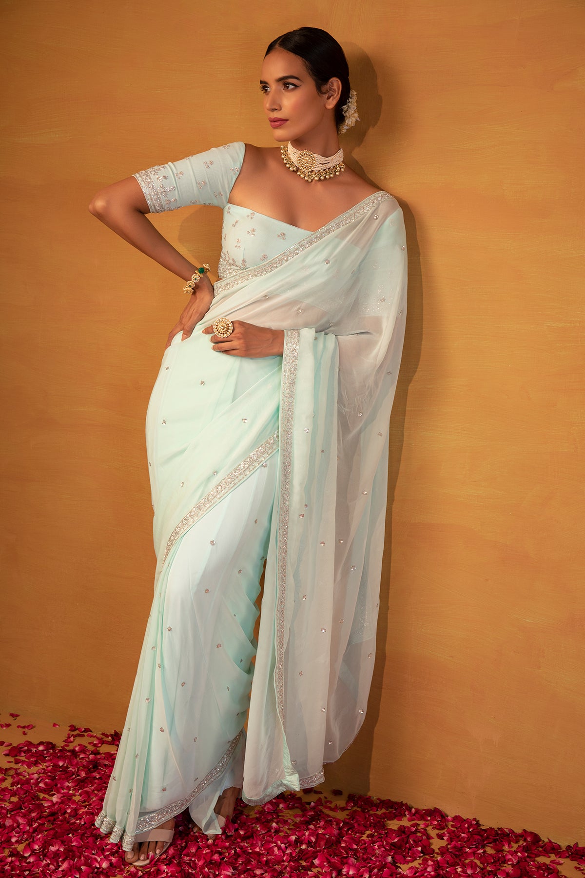 Aqua blue georgette saree