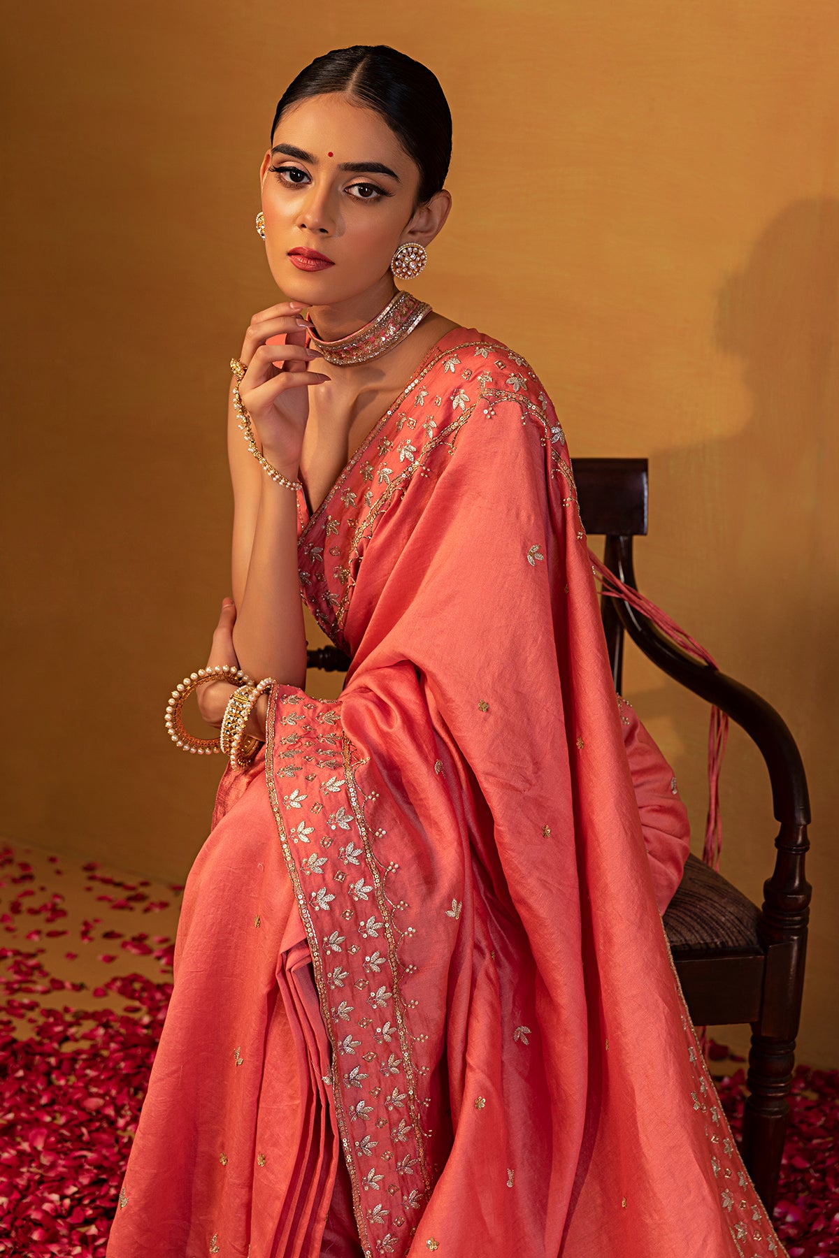 Peach pink chanderi saree