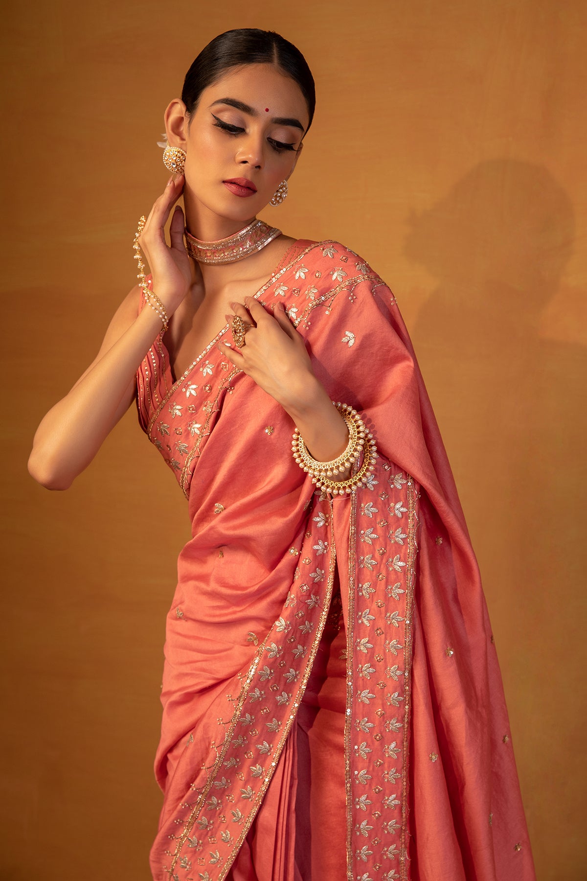 Peach pink chanderi saree