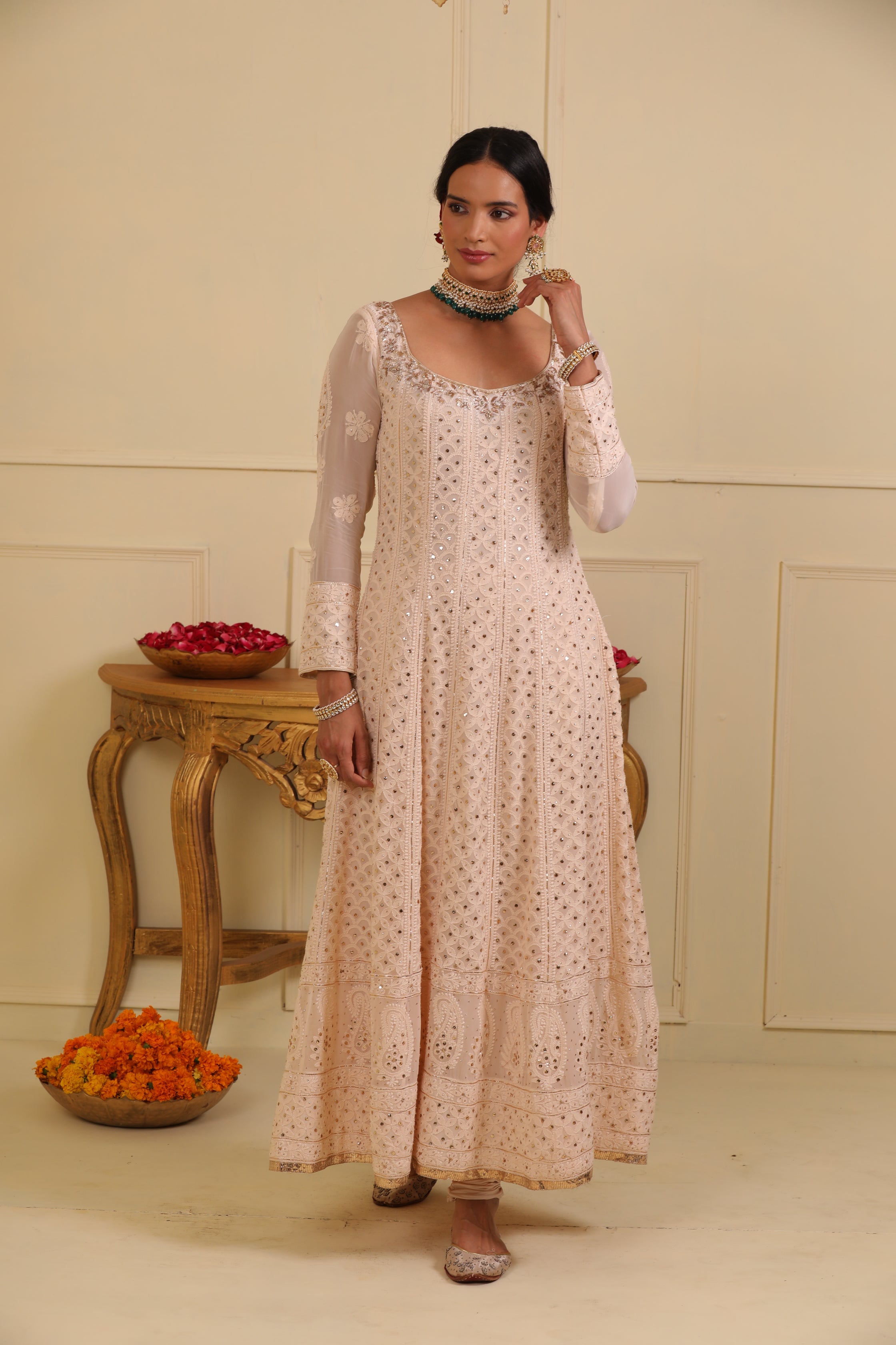 Off white chikankari anarkali set