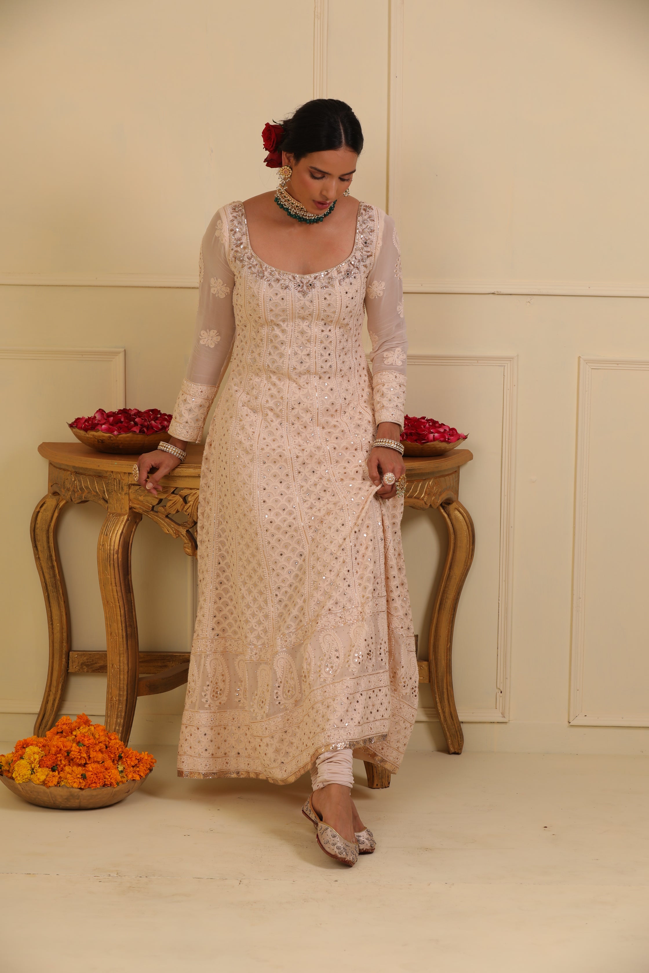 Off white chikankari anarkali set