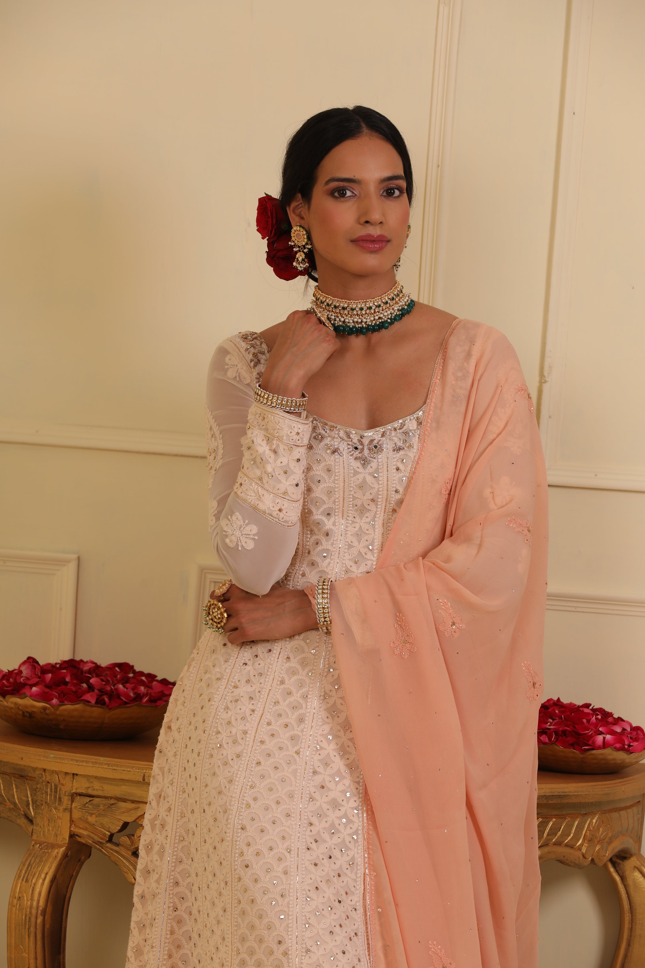 Off white chikankari anarkali set