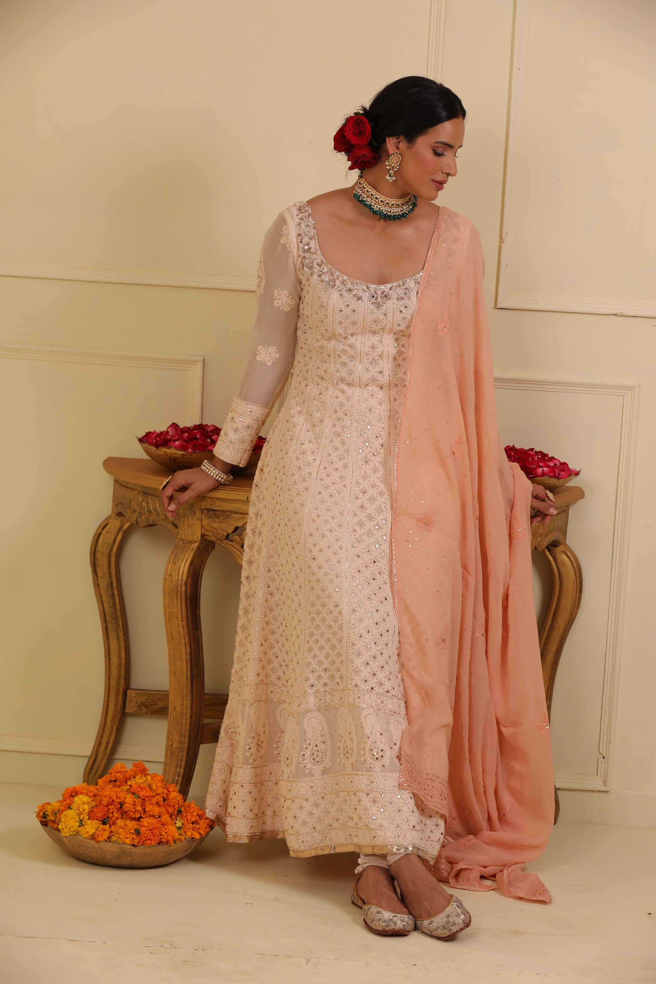 Off white chikankari anarkali set