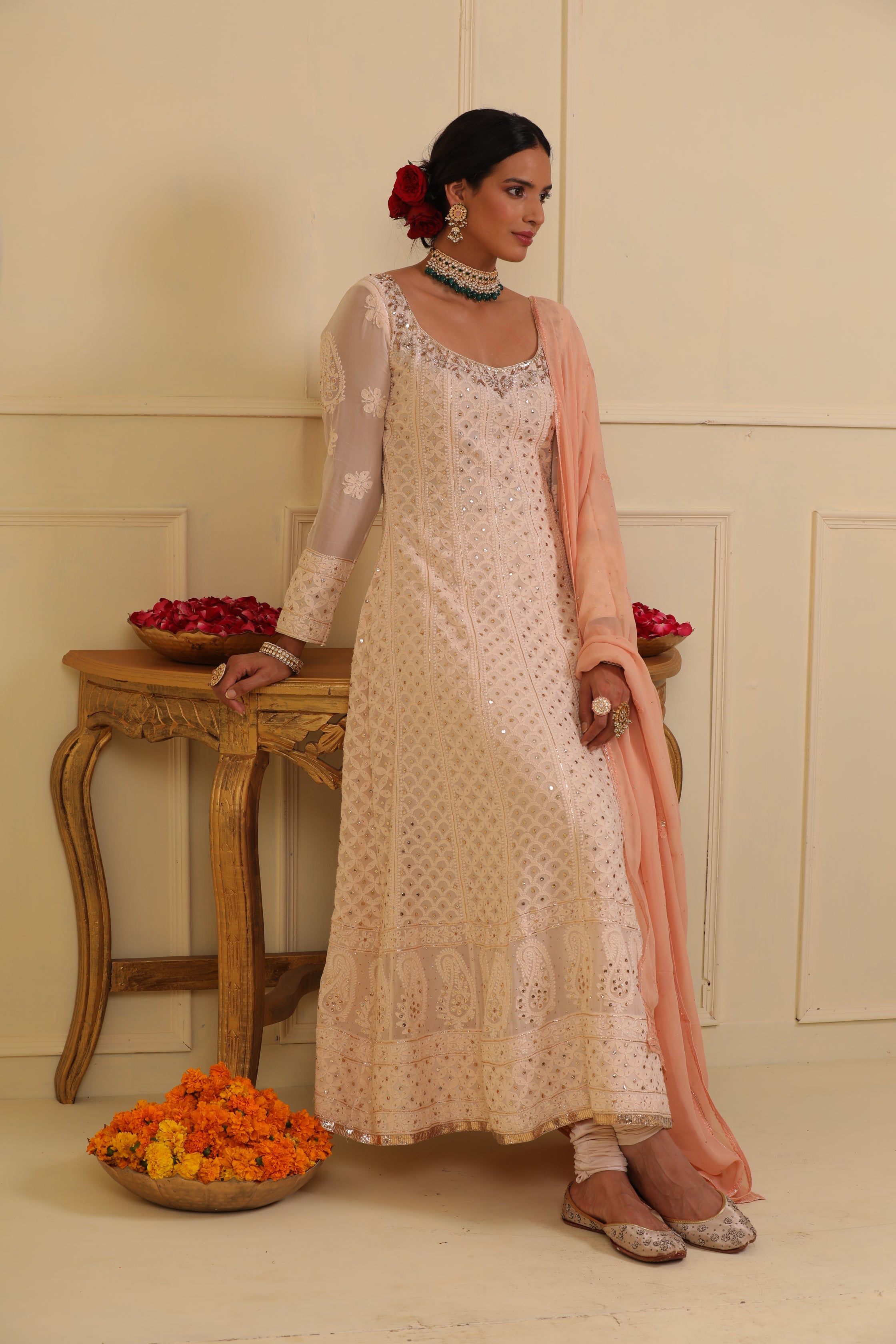 Off white chikankari anarkali set