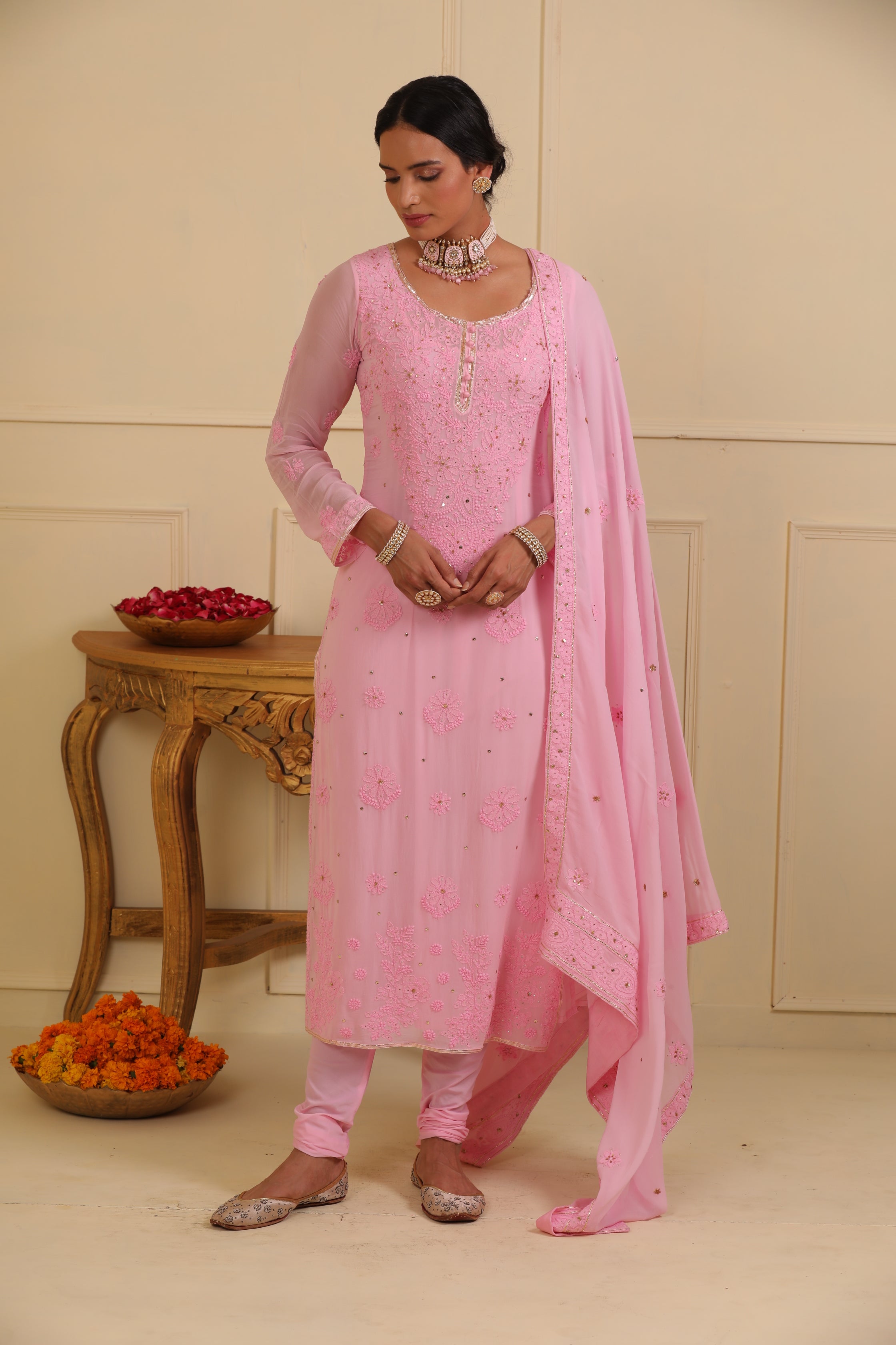 Pink chikankari kurta set