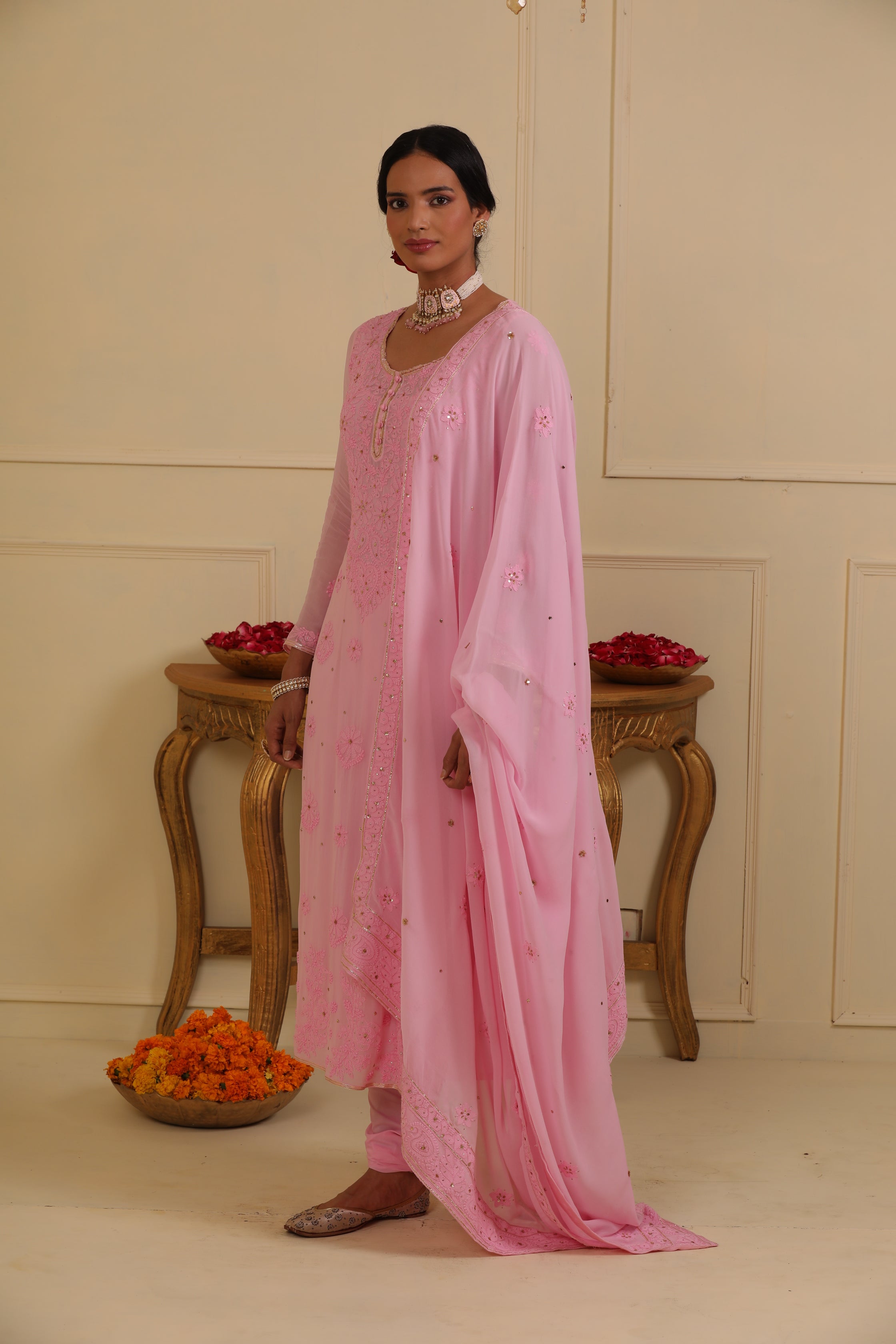 Pink chikankari kurta set