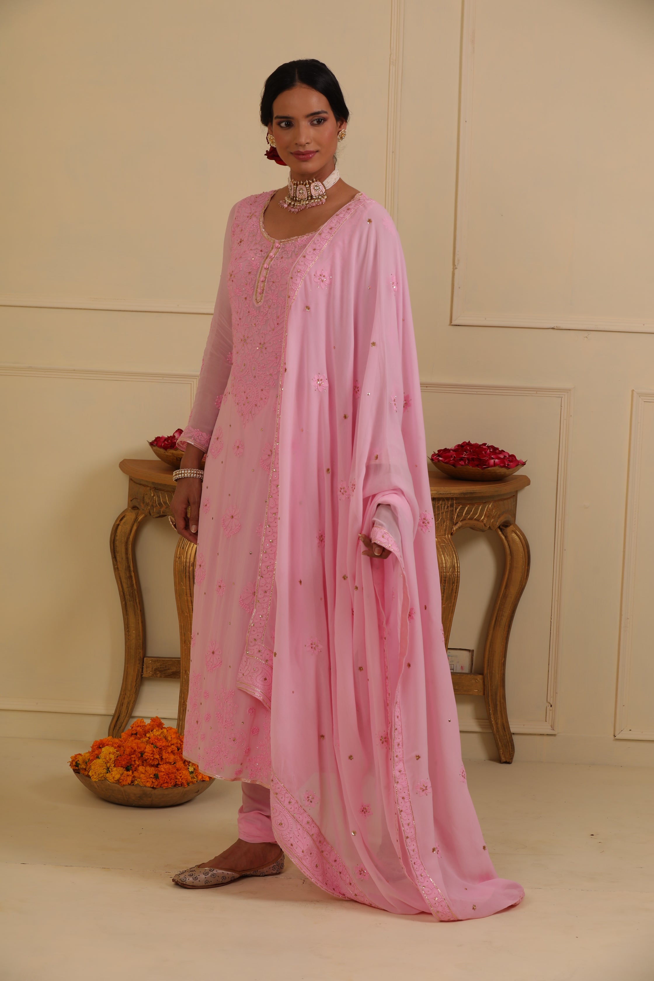 Pink chikankari kurta set