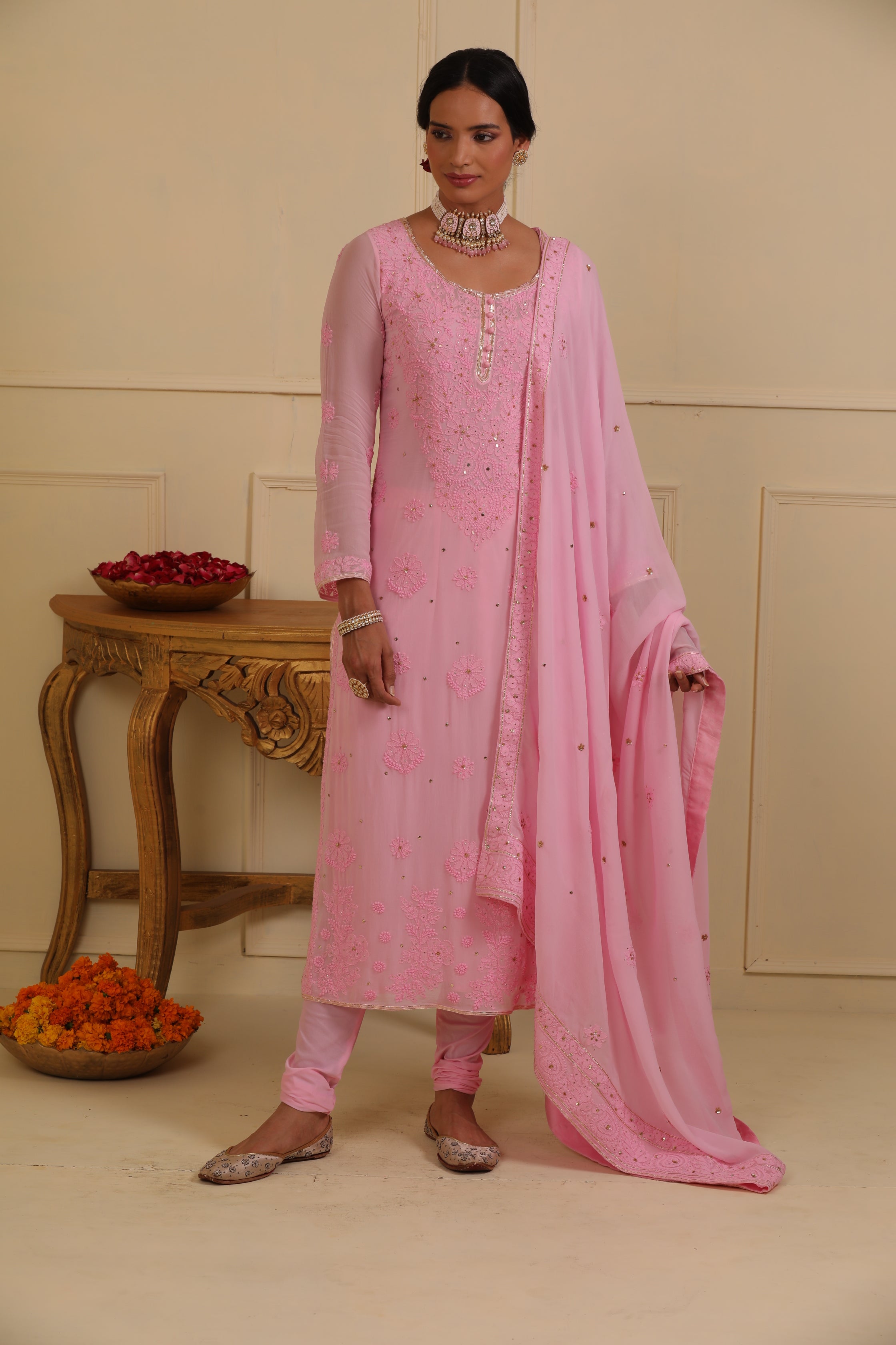 Pink chikankari kurta set