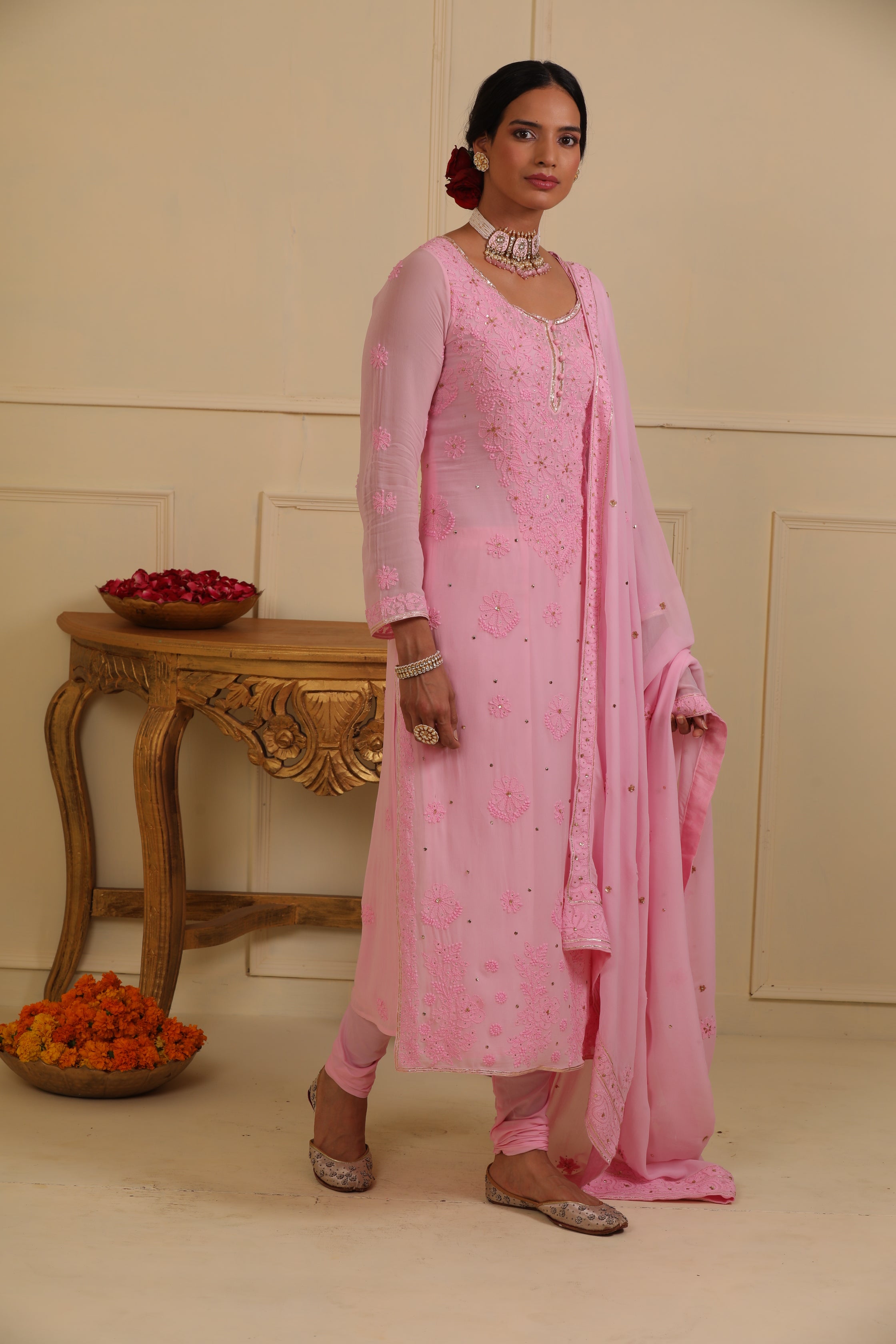 Pink chikankari kurta set