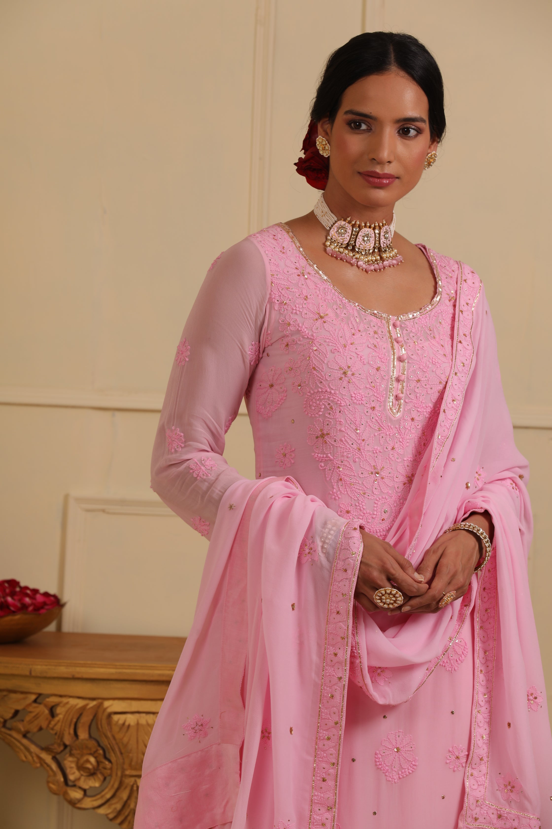 Pink chikankari kurta set